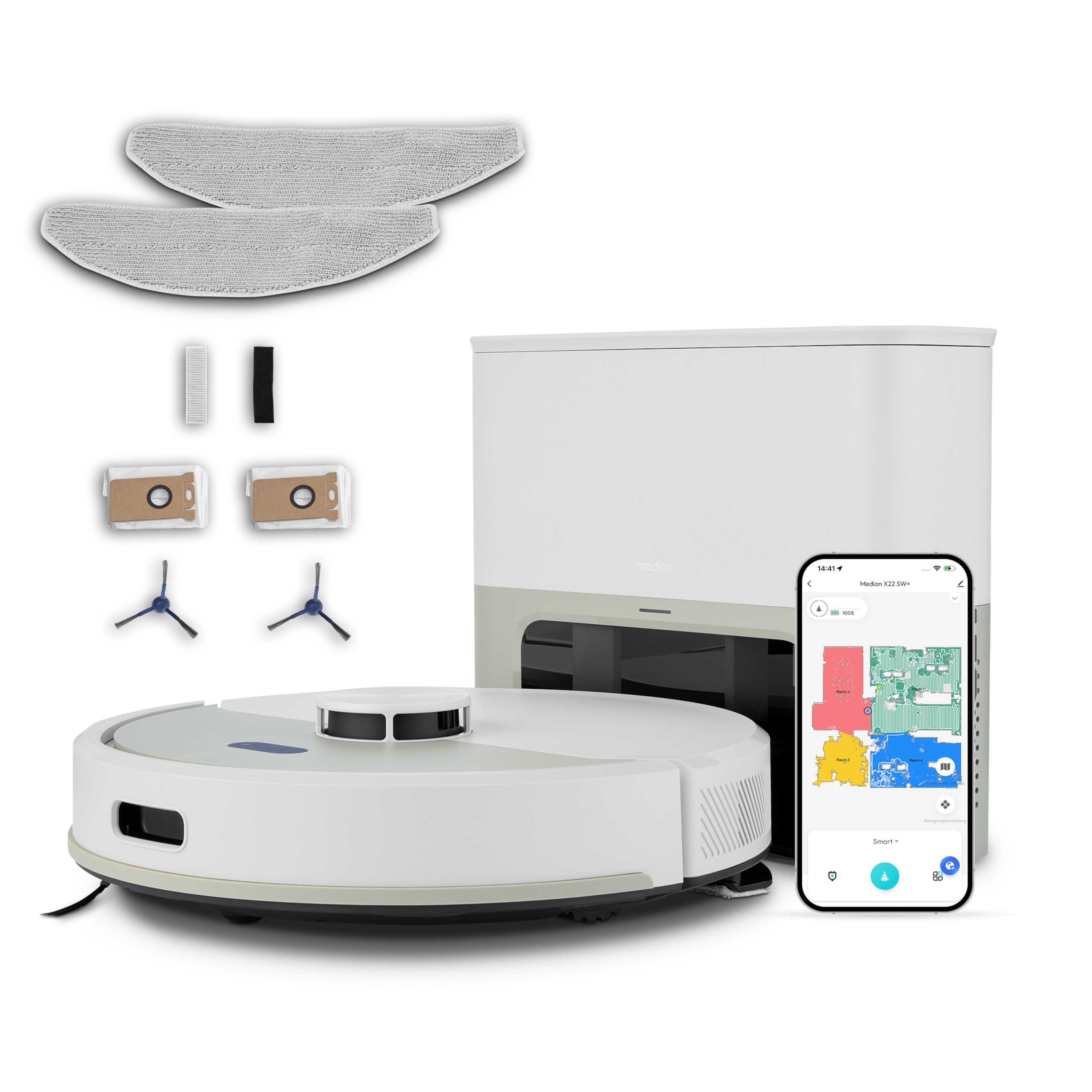 MEDION® Saugroboter mit Absaugstation X22 SW+ grau, Wischfunktion, Lasernavigation, 5.000 Pa Saugkraft, No Go & Go Bereiche, präzise Kartenerstellung, mehrere Etagen, App-Steuerung