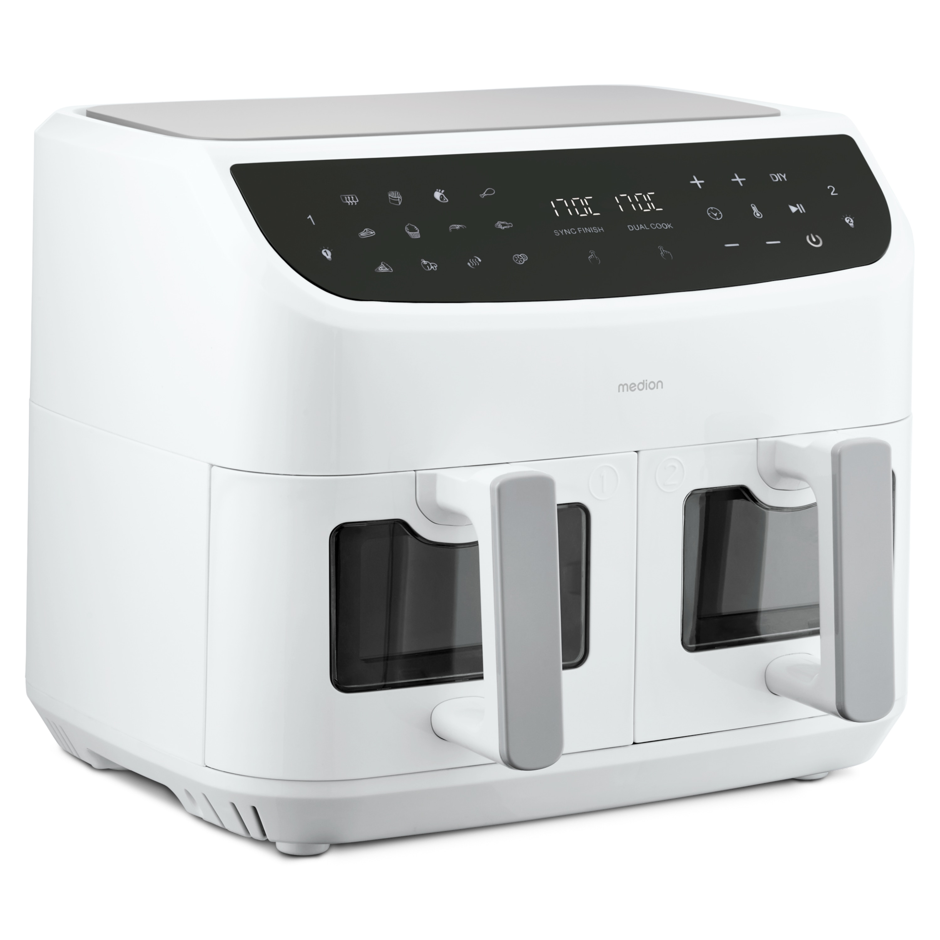 MEDION® LIFE® P20 XXL Twin Doppelzonen-Heißluftfritteuse MD 11760, 100 Rezepte in der Life+ App, 2 separate Garzonen, 9 Automatikprogramme, 8,7 L Gesamt-Nutzinhalt, 2.600 Watt, Temperatur einstellbar bis 200 °C