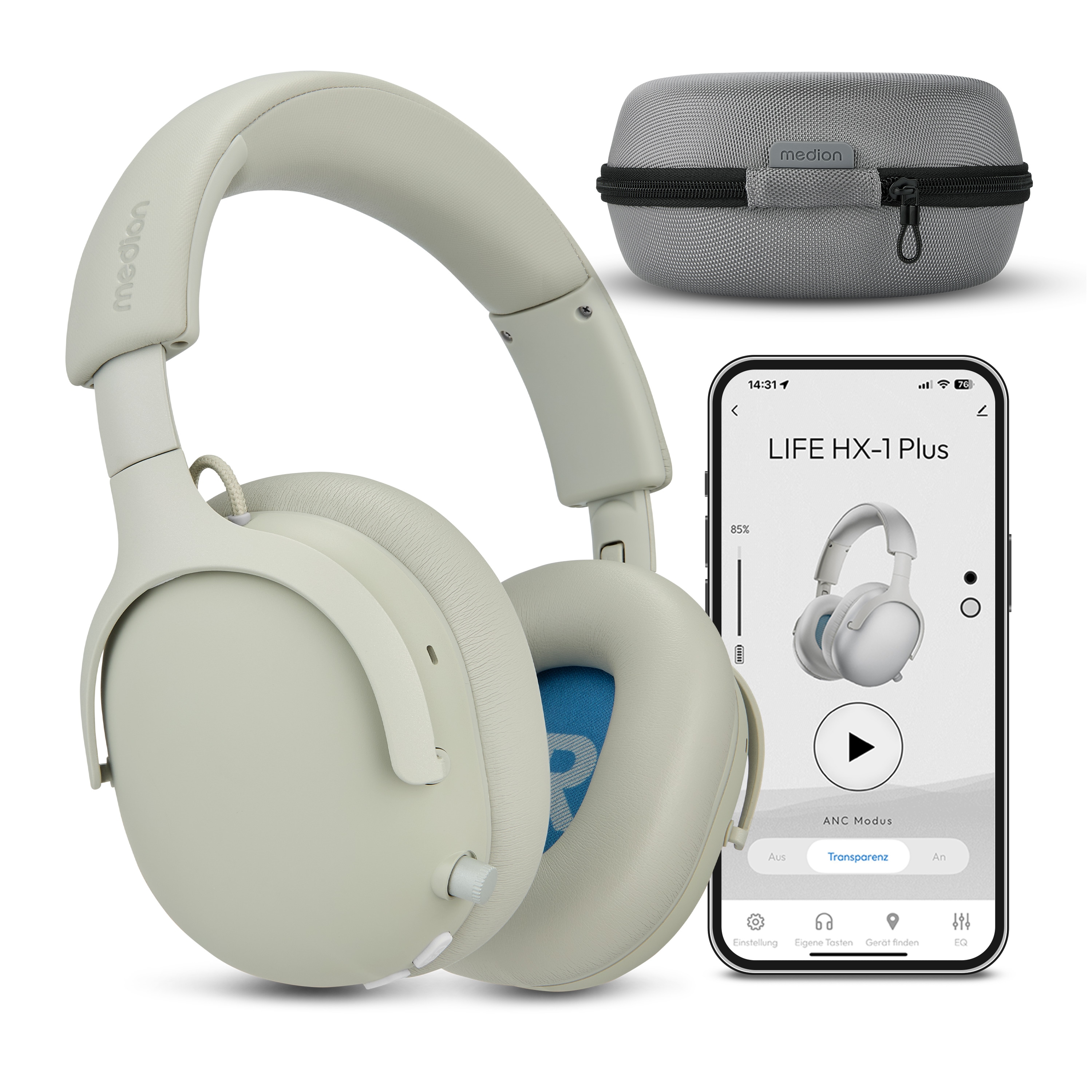 MEDION® Over Ear-Kopfhörer LIFE HX-1 Plus monochrom, bis zu 100 Stunden Akkulaufzeit, 5 EQ-Presets + 1 App-Preset, Feed Forward Noise Cancelling, Bluetooth® 6.0 wireless technology, IPX4 Spritzwasserschutz