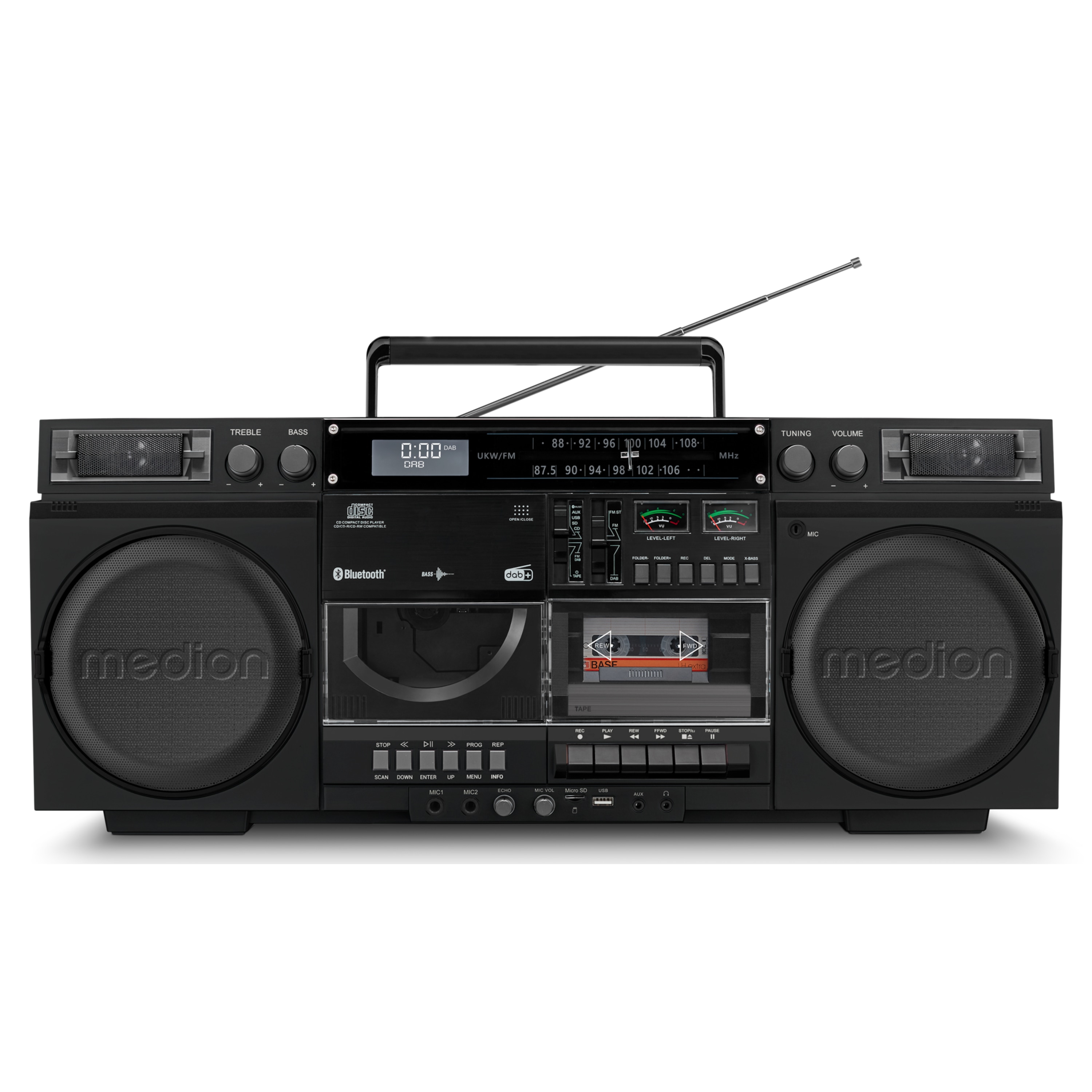 MEDION® LIFE® P66538 Retro-Boombox, DAB+/PLL-UKW Radio, Bluetooth® 5.3 für das Abspielen von Smartphone & Co, CD-Player, Kassettendeck, X-Bass Funktion, 2 x 10 W RMS