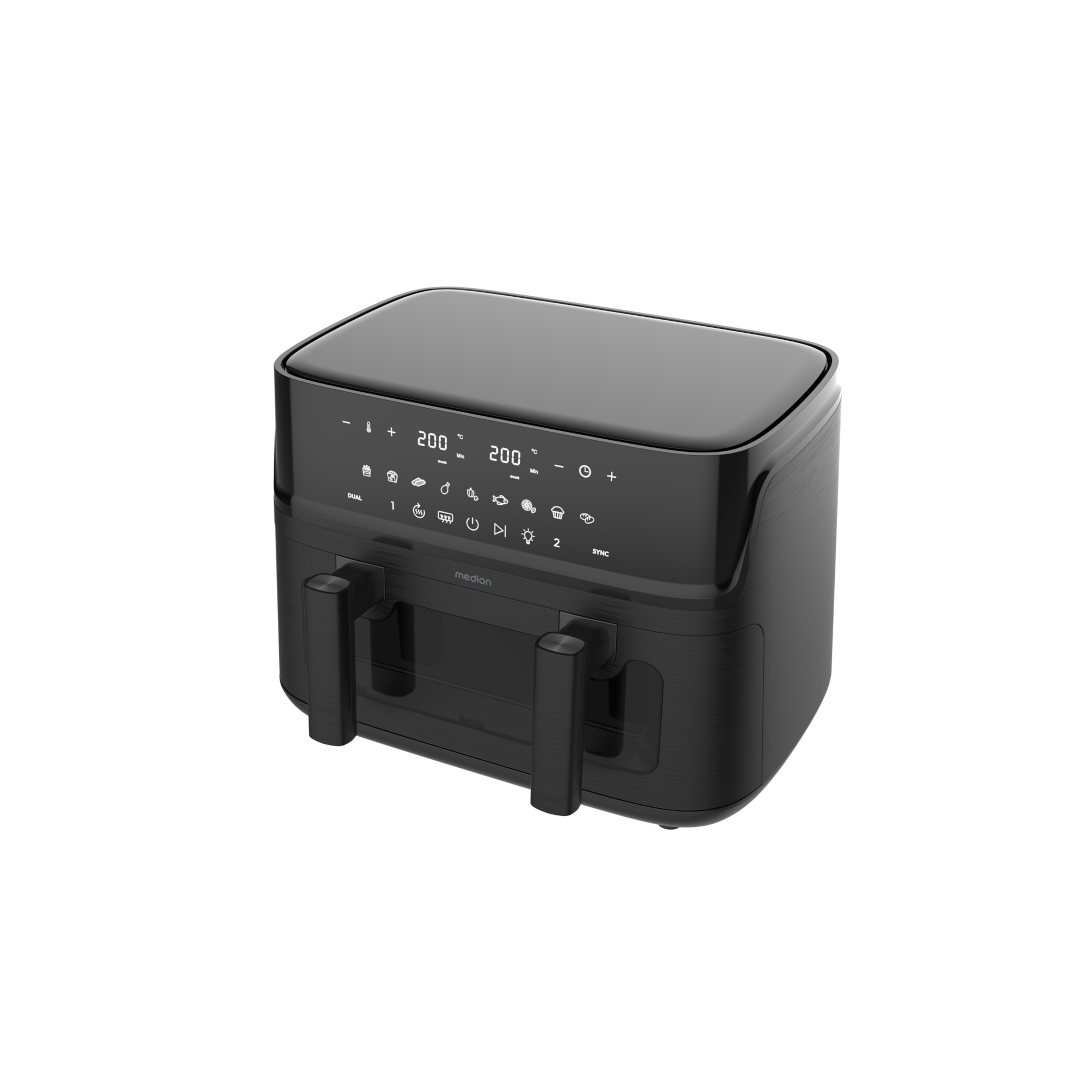 MEDION® LIFE® P25 XXL Flex M Heißluftfritteuse MD100057 schwarz, 100 Rezepte in der Life+ App, 2 separate Garzonen, 10 Automatikprogramme, 10,8 L Gesamt-Nutzinhalt, 3.040 Watt, Temperatur einstellbar bis 200 °C