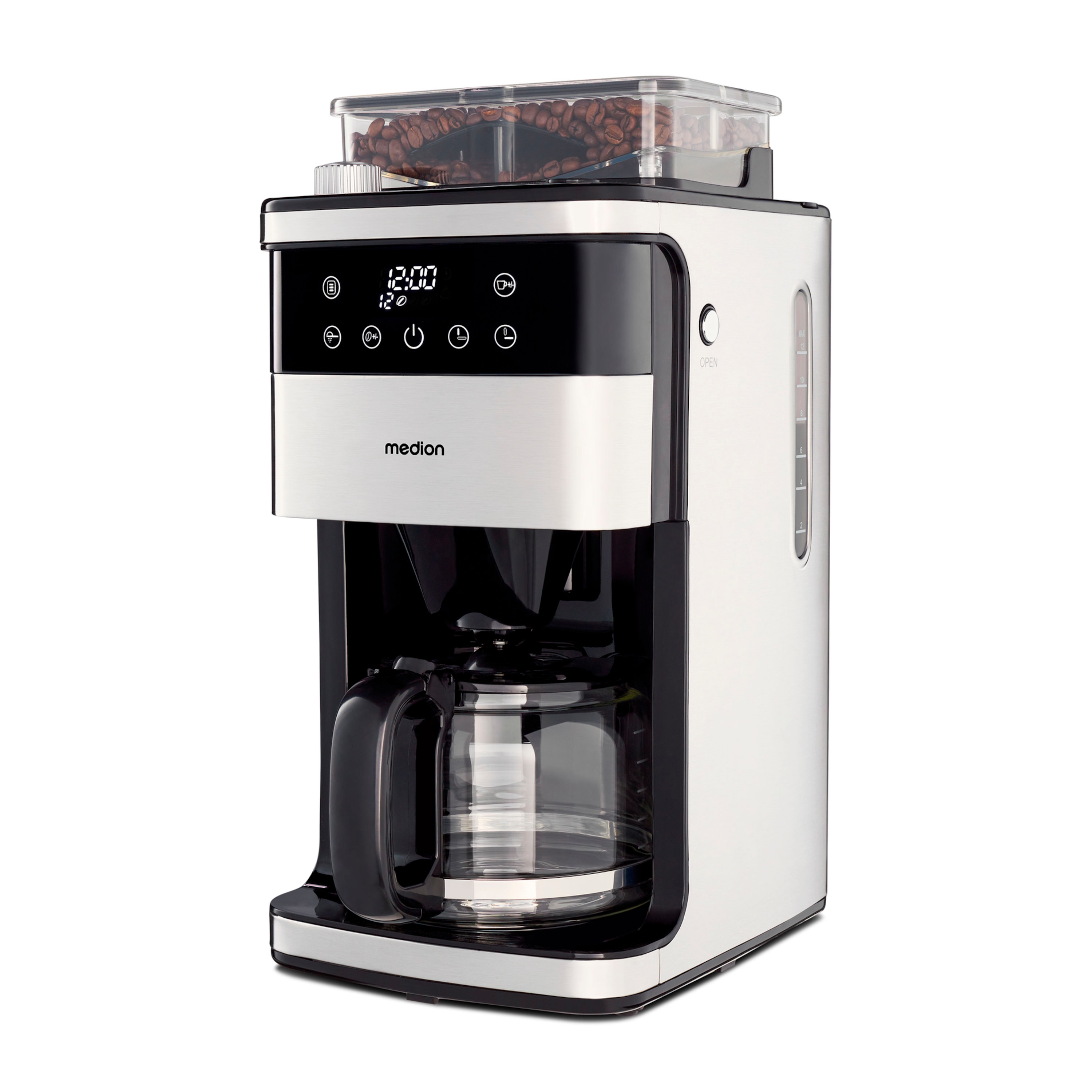 MEDION® Kaffeemaschine mit Mahlwerk MD 19899, 8 Mahlstufen, 1,5 Liter Wassertank, Glaskanne, Warmhaltefunktion, 1.050 Watt