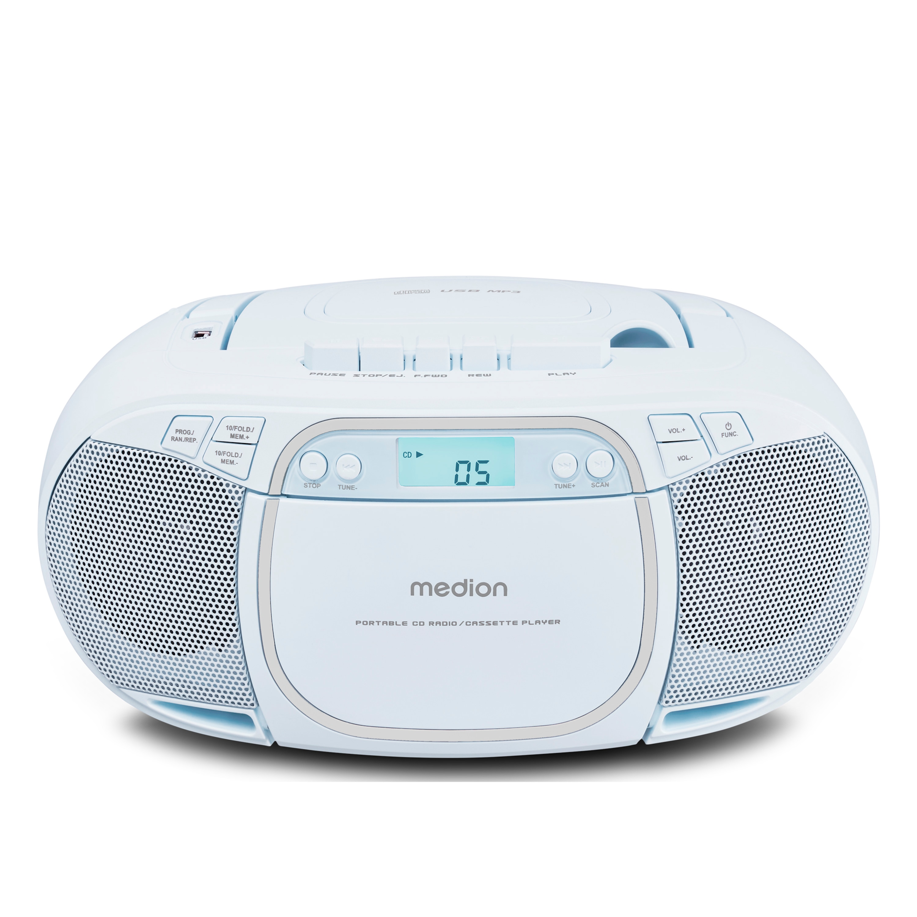 MEDION® LIFE E66476 Tragbare CD-Boombox, CD-Player, Kassettendeck, FM-Radio, USB-MP3-Wiedergabe, 30 Senderspeicher, Batteriebetrieb