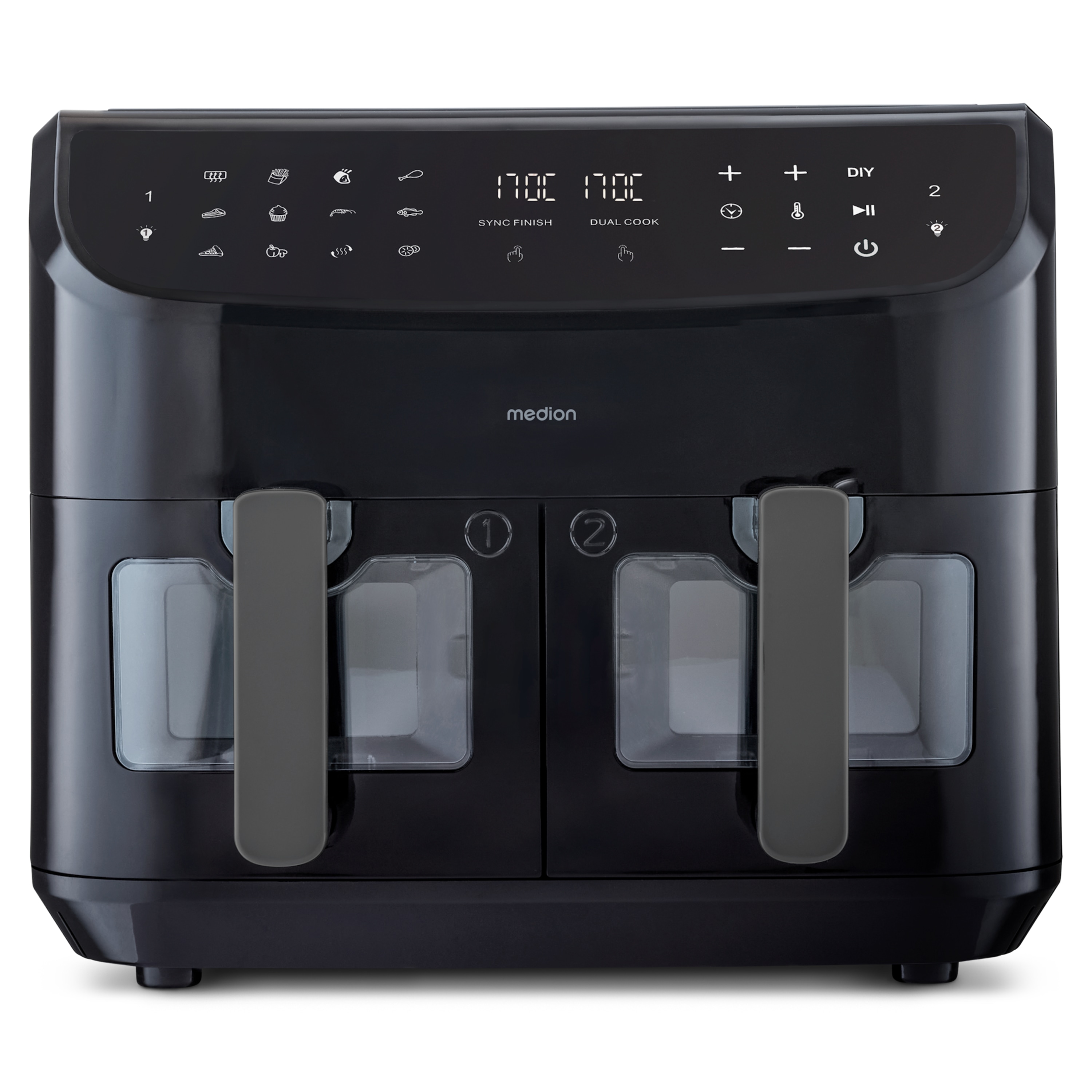 MEDION® LIFE® P20 XXL Twin Doppelzonen-Heißluftfritteuse MD 11760, 100 Rezepte in der Life+ App, 2 separate Garzonen, 9 Automatikprogramme, 8,7 L Gesamt-Nutzinhalt, 2.600 Watt, Temperatur einstellbar bis 200 °C