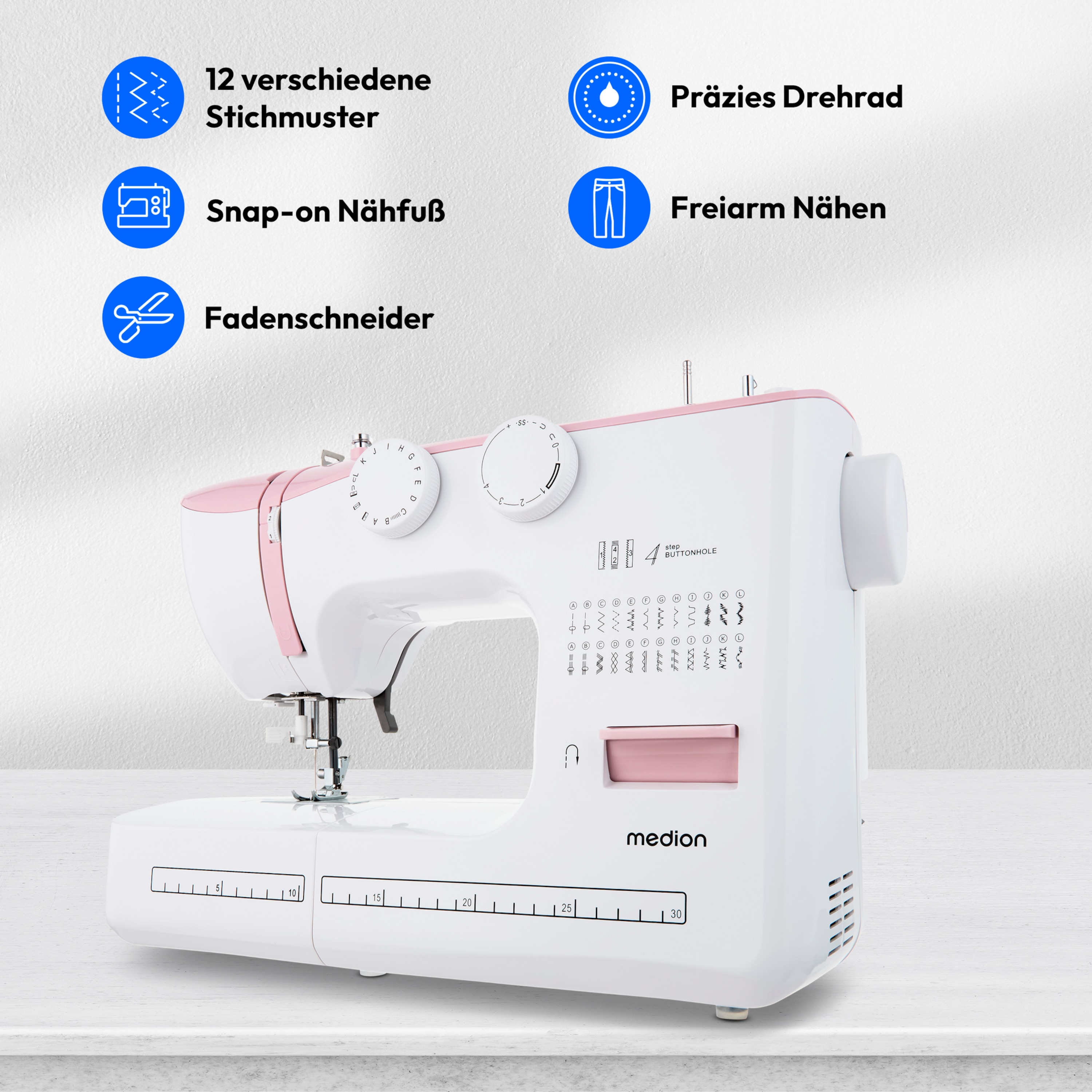 MEDION® LIFE® Freiarm-Nähmaschine SM60 (MD10689), einstellbare Stichlänge und Stichbreite, automatischer Einfädler, 60 verschiedene Stichmuster, integriertes Zubehörfach, 60 Watt Motorleistung