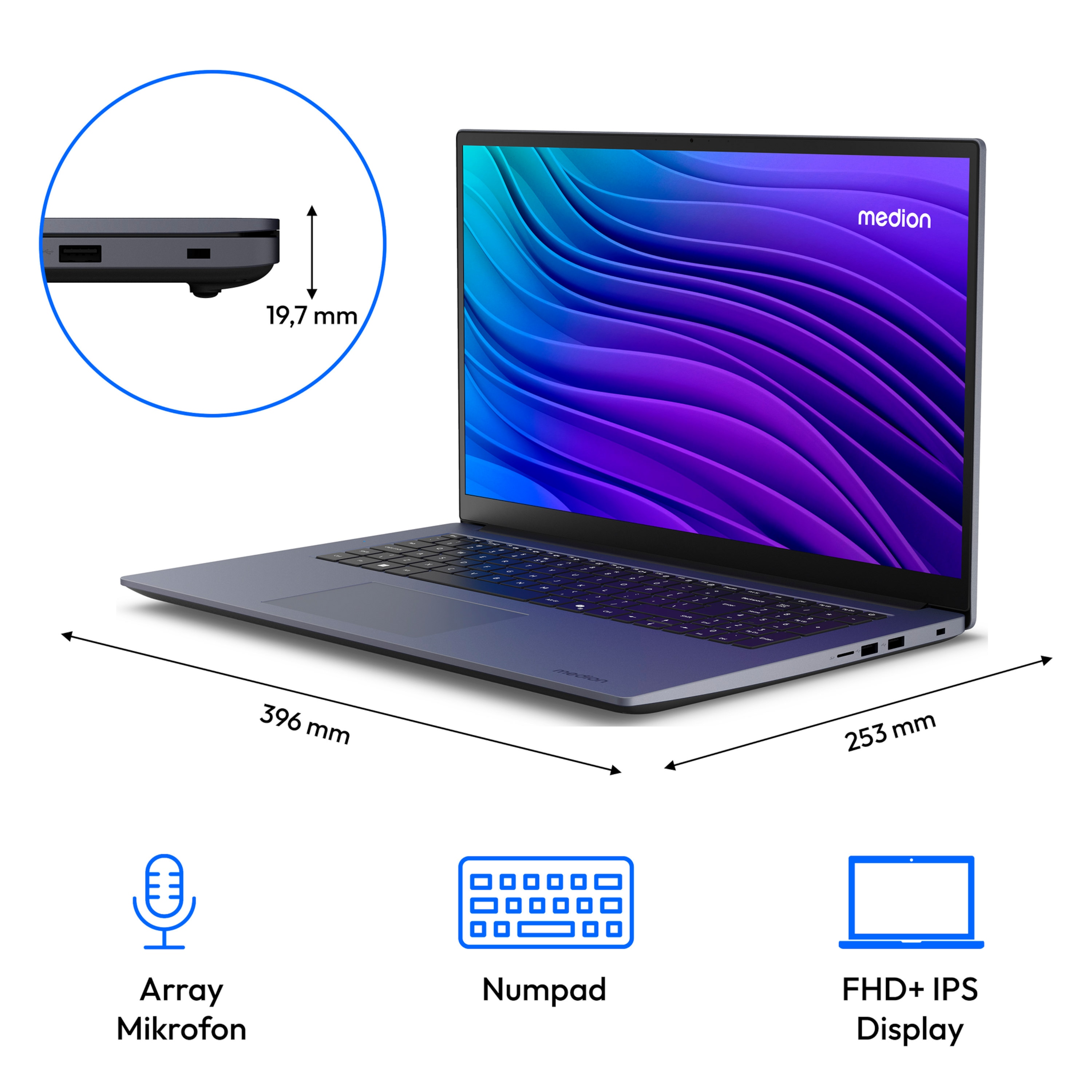 MEDION® Avantum 17 E1e Laptop, Intel® Core™ i3-N305 Prozessor, Windows 11 Home, 43,9 cm (17,3") FHD Display, 512 GB SSD, 8 GB RAM