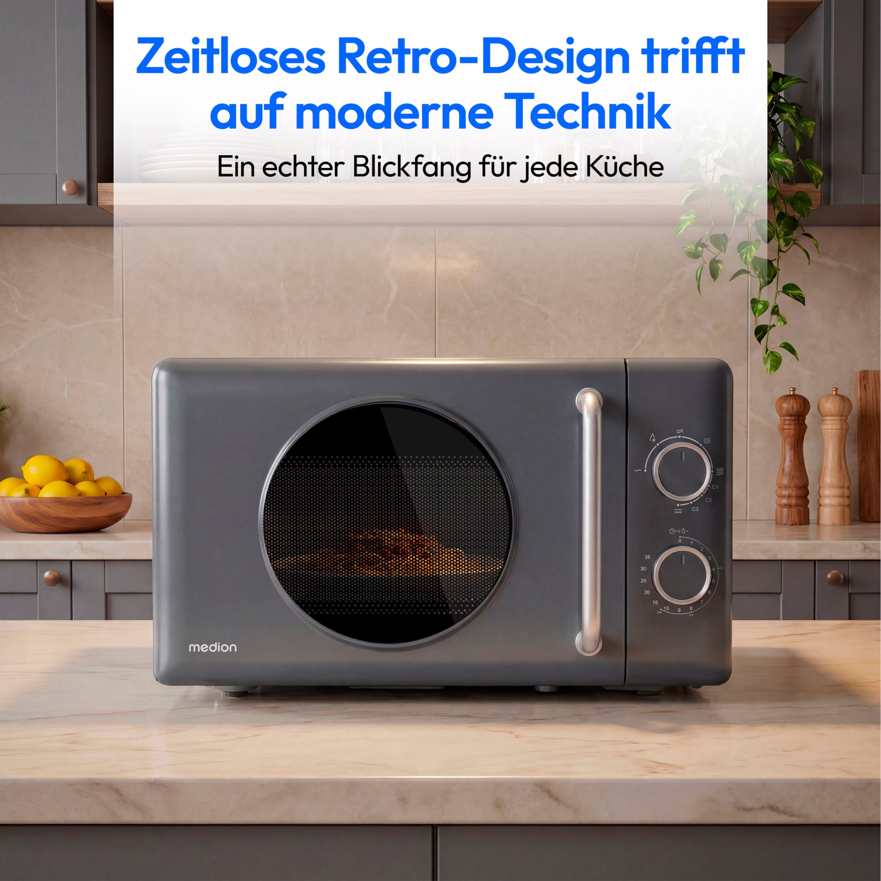 MEDION® LIFE® Retro-Mikrowelle MD 100119, 800 W Leistung, Grillfunktion, 20 L kompakt, 5 Mikrowellenstufen, Auftaufunktion, Timerfunktion, stilvolles Retro-Design