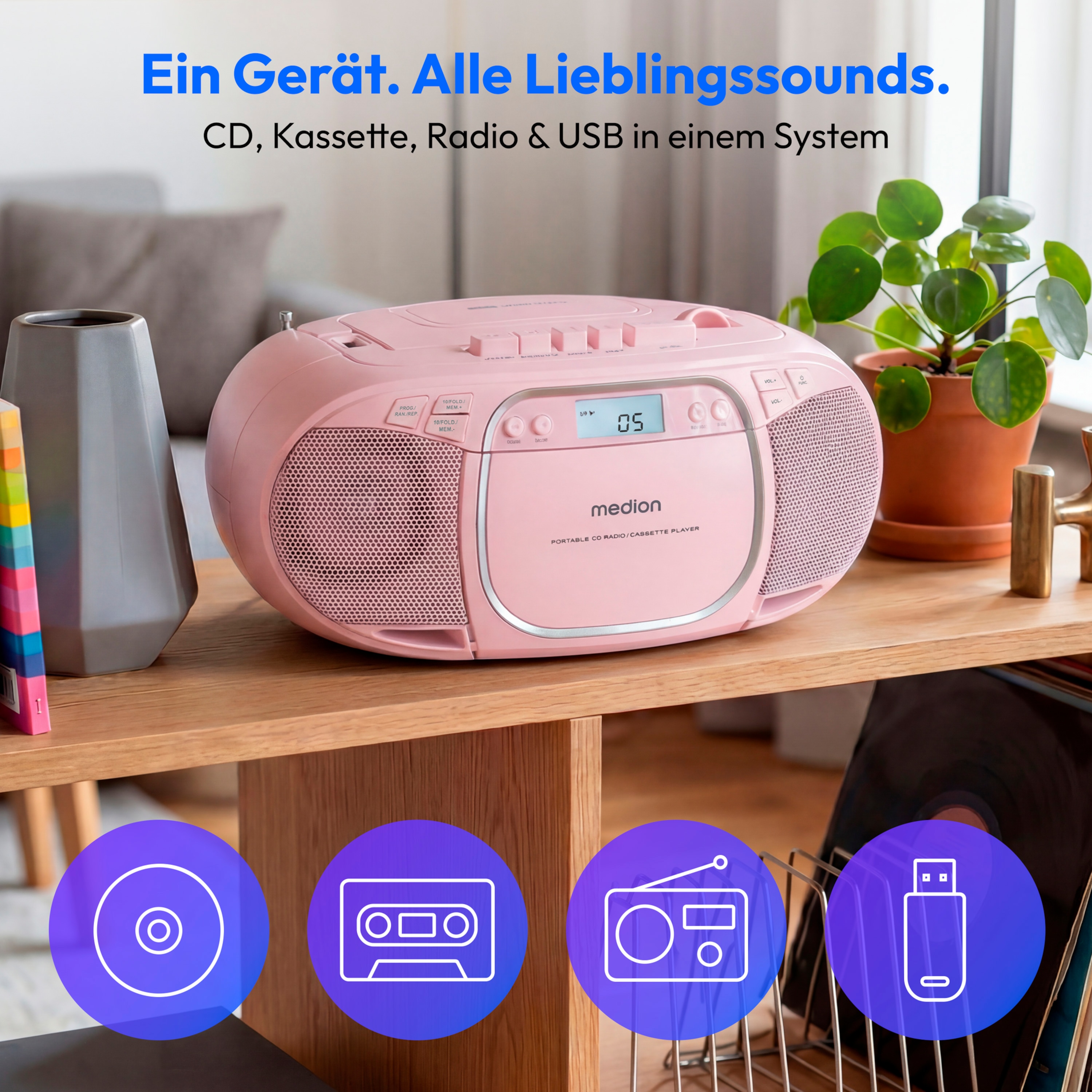 MEDION® LIFE E66476 Tragbare CD-Boombox, CD-Player, Kassettendeck, FM-Radio, USB-MP3-Wiedergabe, 30 Senderspeicher, Batteriebetrieb