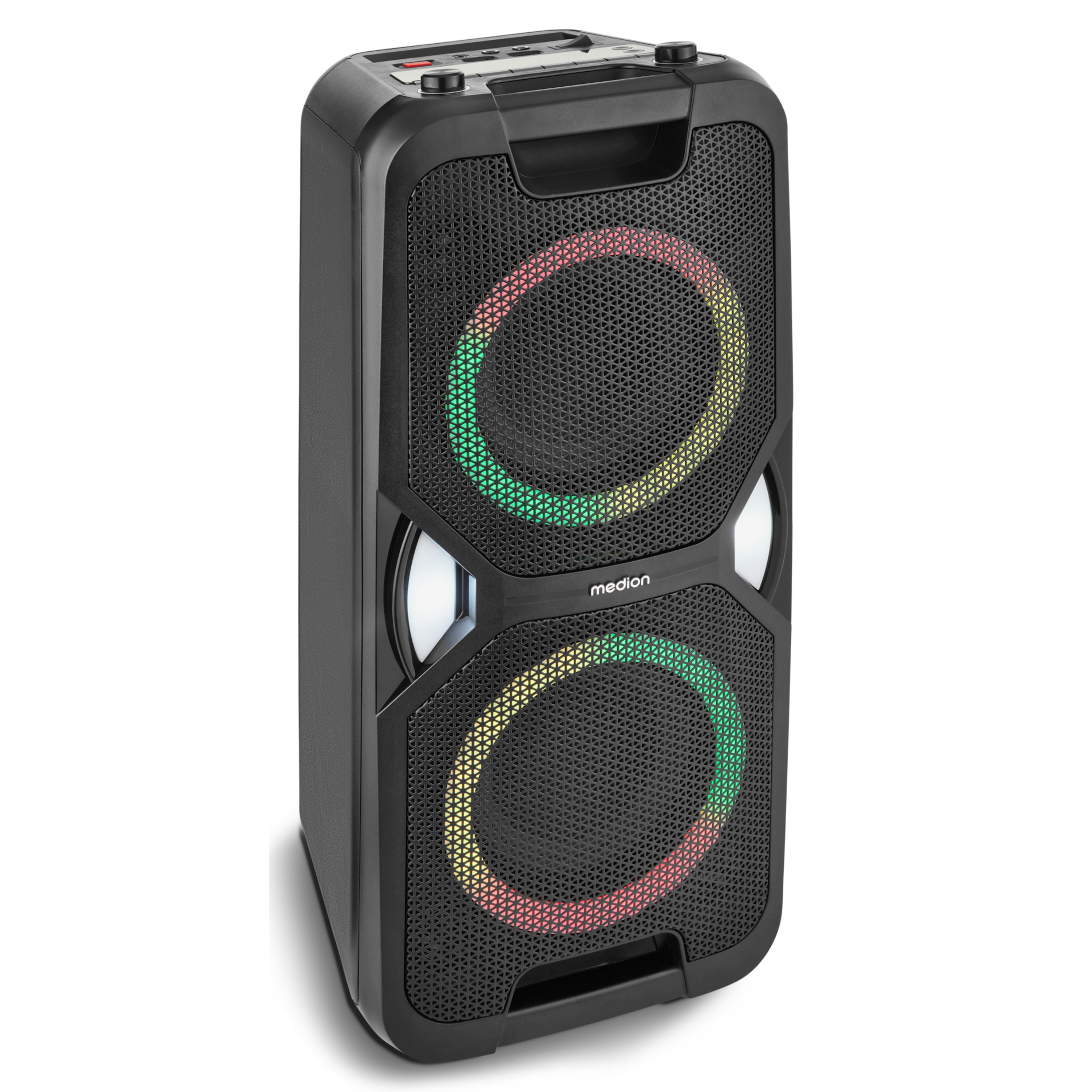 MEDION® LIFE® PE-1 Pure Partylautsprecher, PLL-UKW Radio, Bluetooth® 5.4, satter Sound, verschiedene Lichteffekte, X-Bass Bassanhebung, inkl. Mikrofon, 2 x 25 W RMS Ausgangsleistung