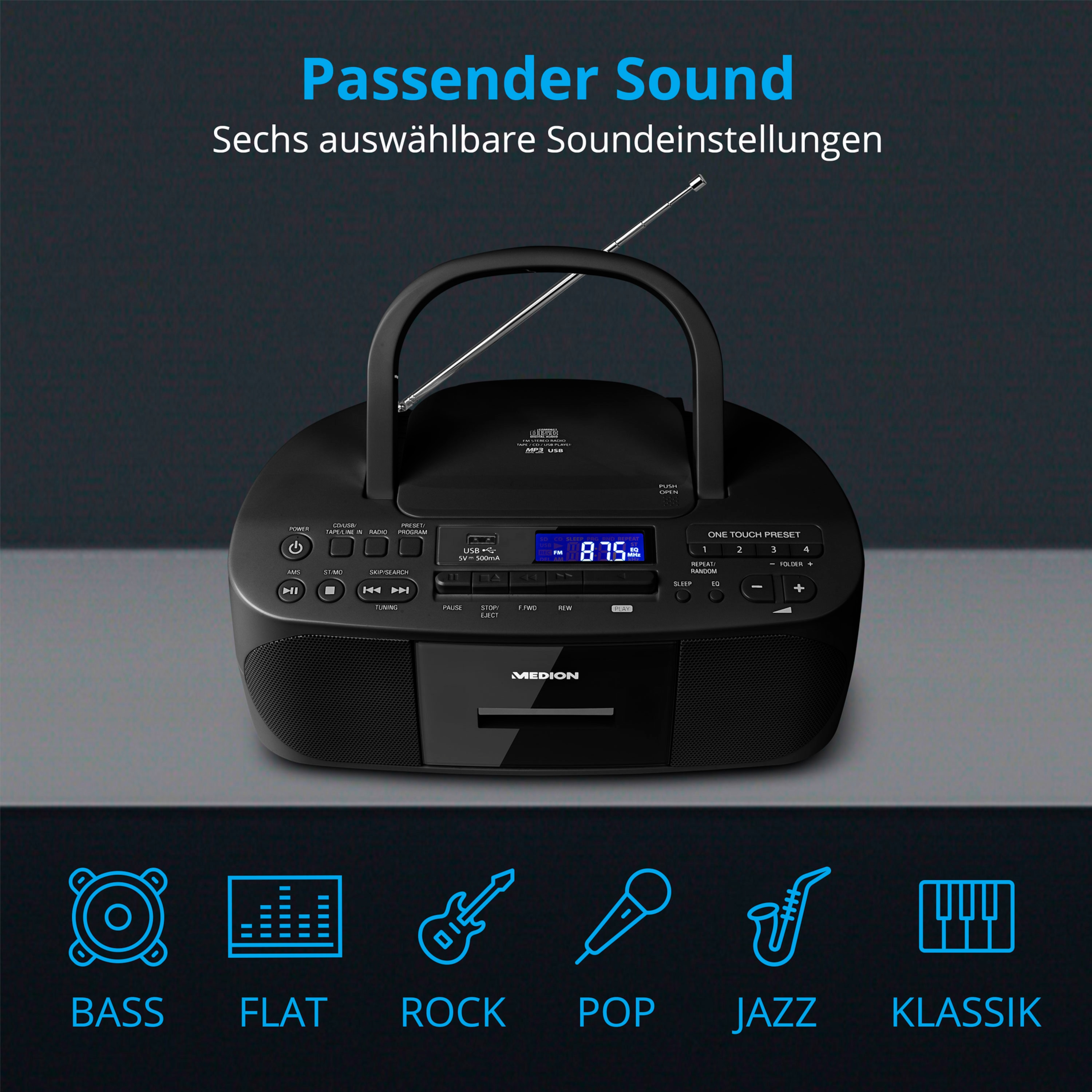 MEDION® LIFE® E65010 Boombox, CD-Kassetten-Radio mit MP3-Wiedergabe, PLL-UKW Radio, USB Anschluss, CD-R/RW kompatibel, AUX-In, 2 x 3 W RMS