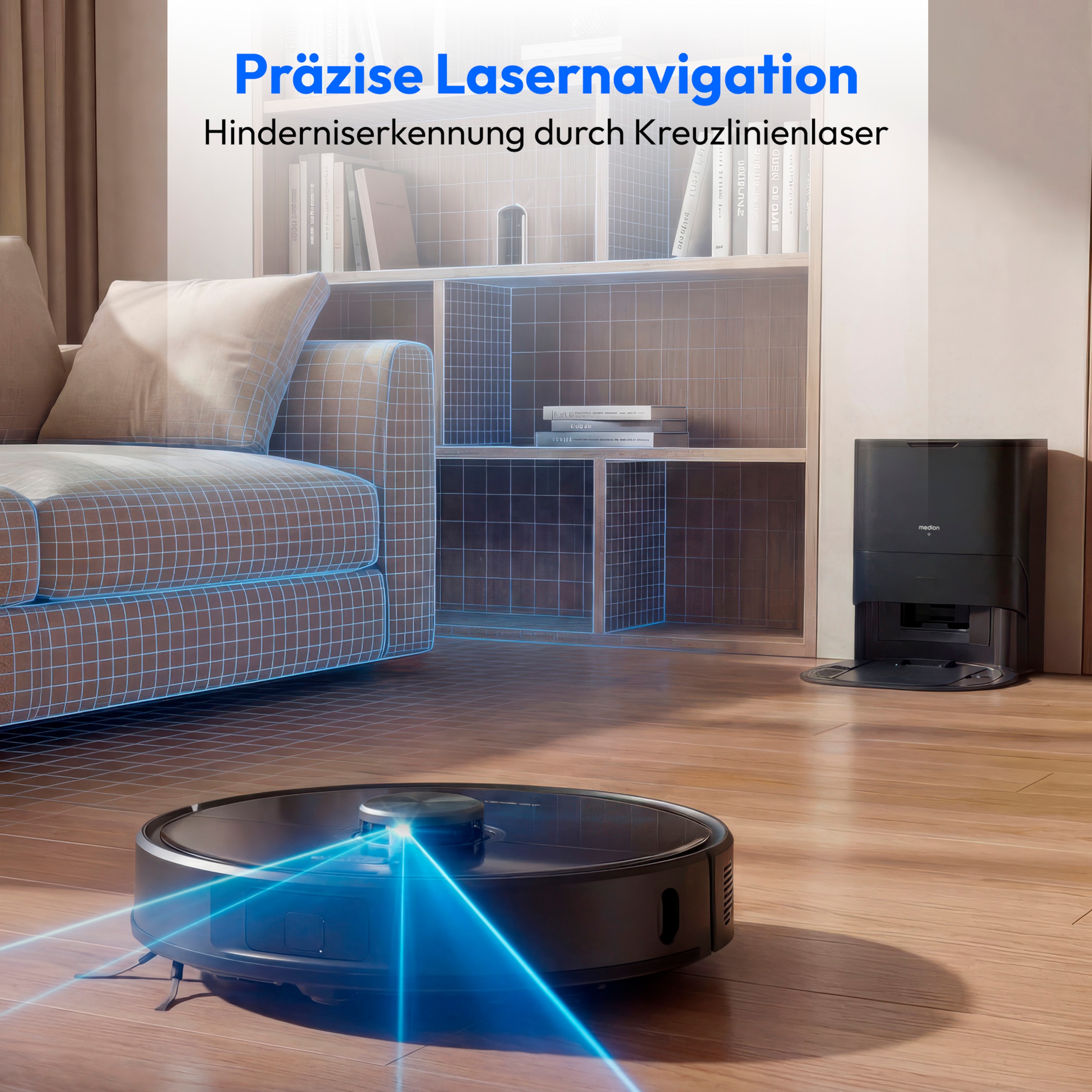 MEDION® Saugroboter mit 2-in-1 Absaugstation X51 SW+, Wischfunktion, rotierende Wischmopps, Lasernavigation, Hinderniserkennung durch Kreuzlinienlaser, starke 10.000 Pa Saugkraft, präzise Kartenerstellung
