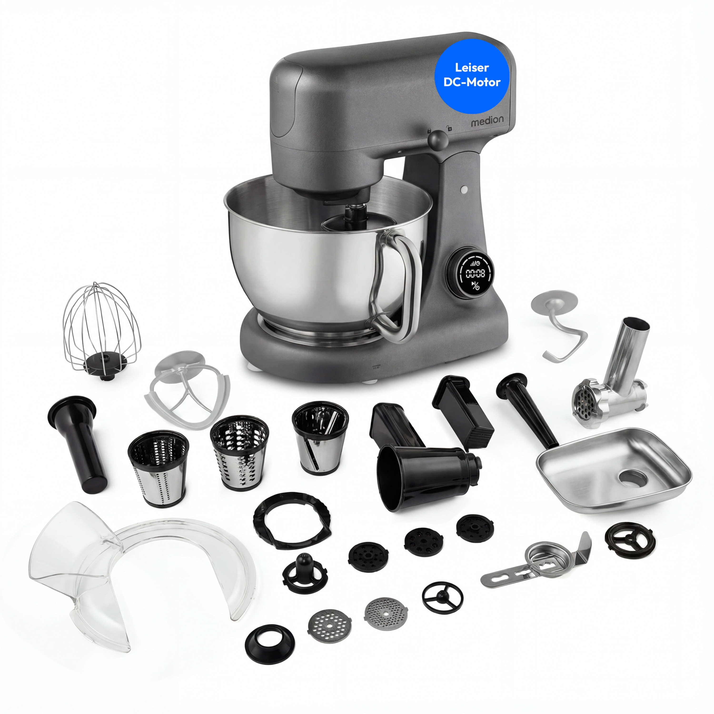 MEDION® LIFE Digitale Küchenmaschine MD12600 titan, 800 W Gleichstrommotor, Energiesparend, Ultraleise, Digitales Sensor-Touch-Display, 4,6 L Edelstahlschüssel, Inkl. Fleischwolf