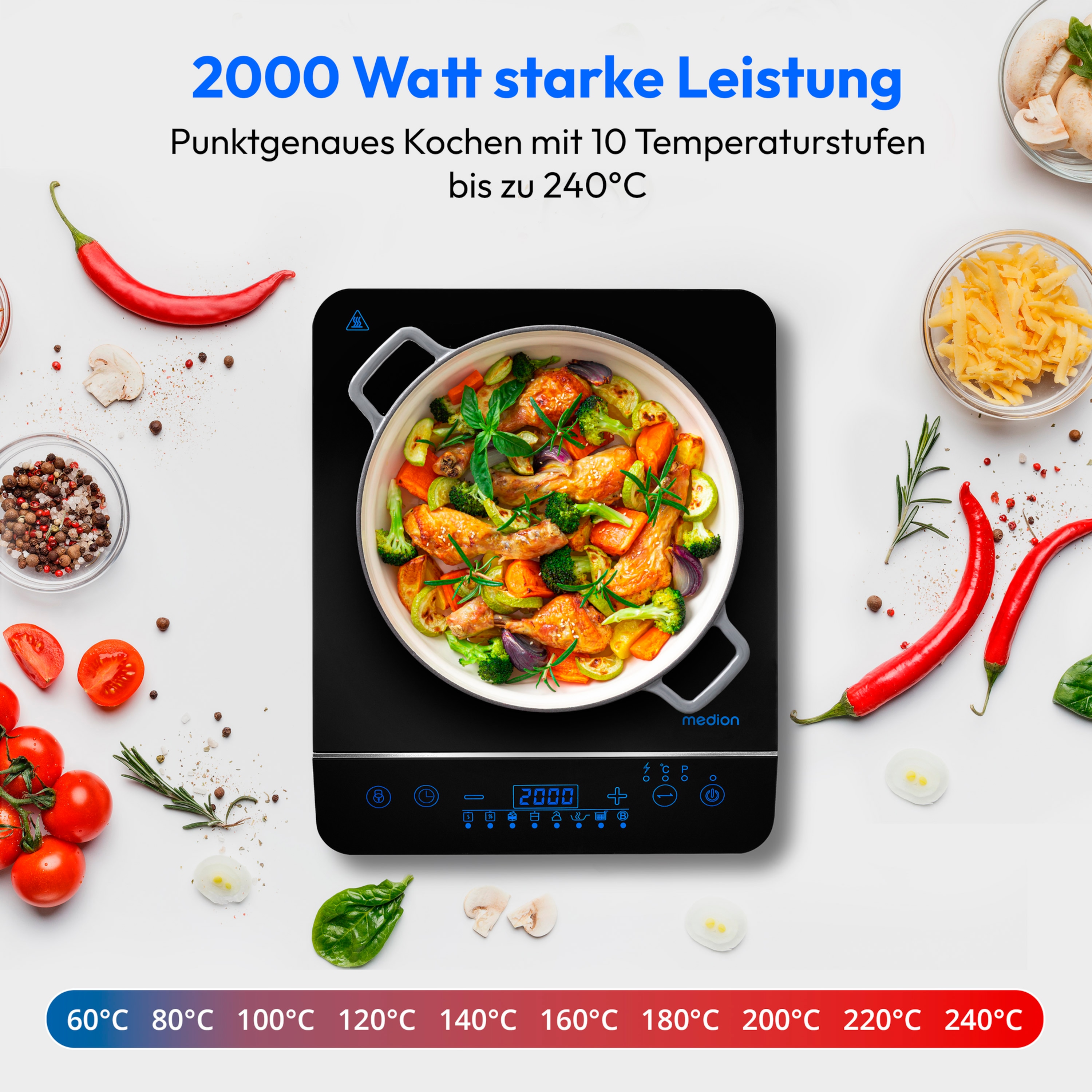 MEDION® Induktions- kochplatte   MD 17595, 2000 Watt Induktionsleistung, 8 Automatikprogramme, automatische Topferkennung