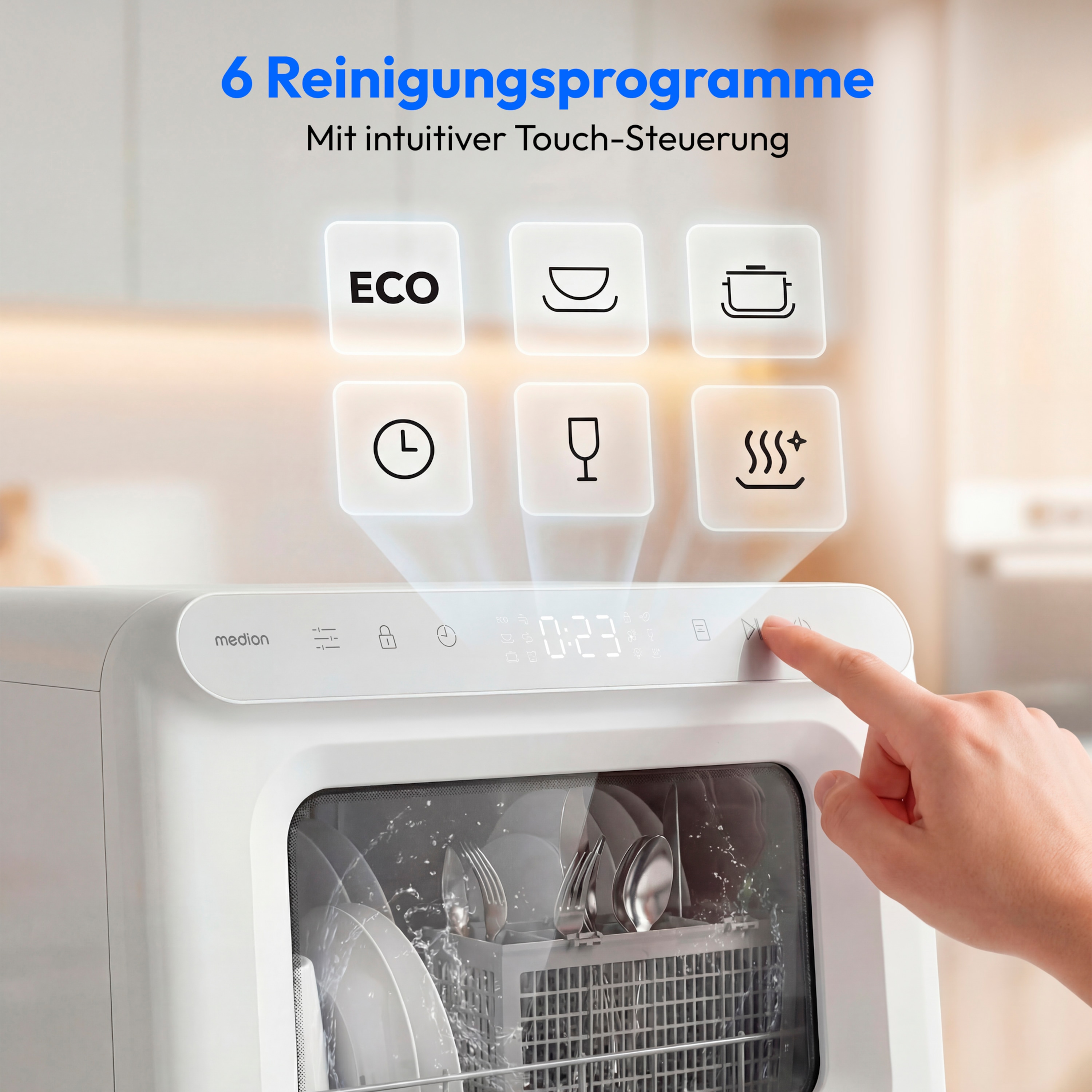 MEDION® LIFE Mini-Geschirrspüler DWT30 (MD370022), 3 Maßgedecke, 3-in-1 Betrieb mit Wassertank, 6 Programme, UV-Licht, Lüfter-Trocknung, LED-Touch-Display
