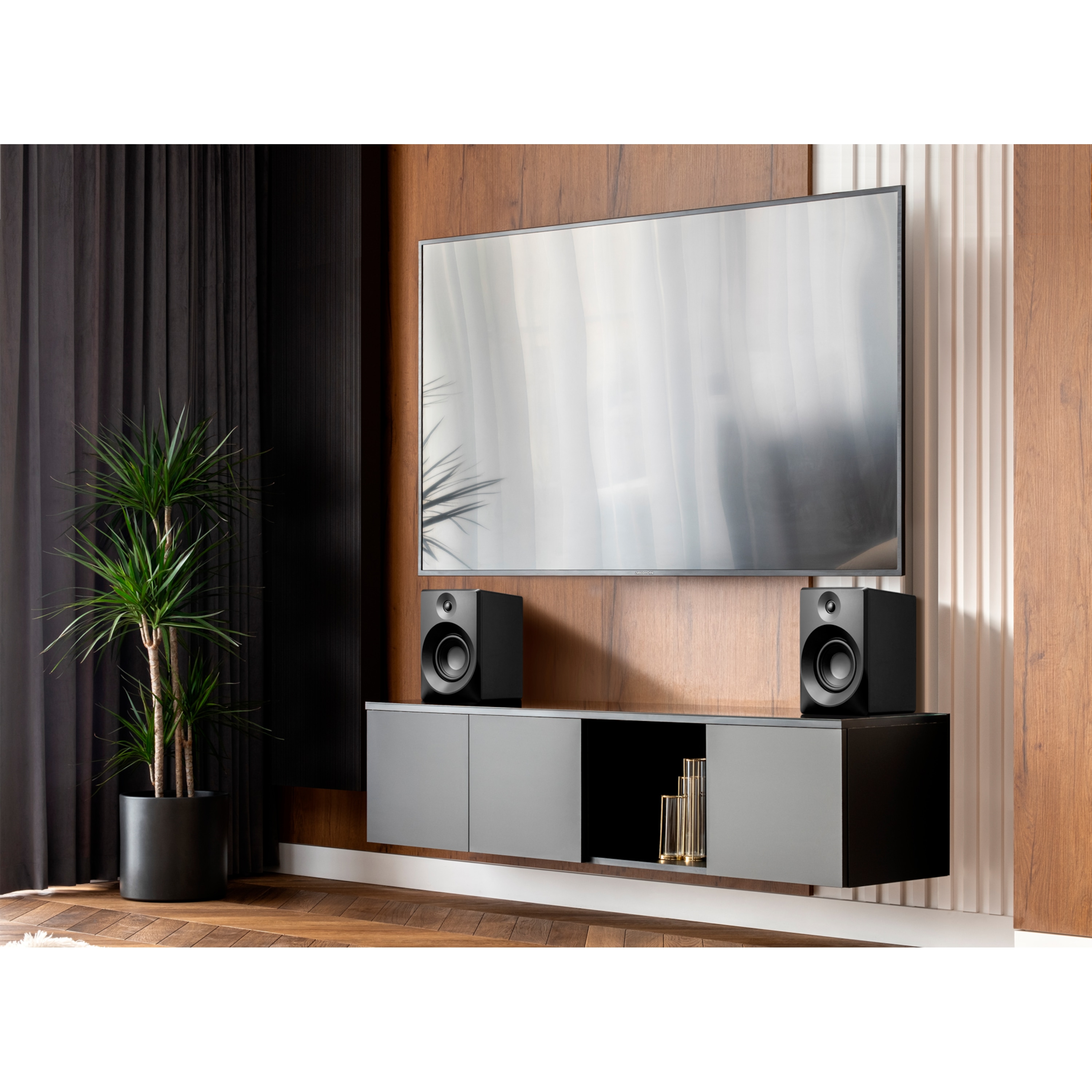 MEDION® LIFE® P61925 Regallautsprecher, aktiver & passiver Lautsprecher, 2-Wege-System, Bluetooth® 5.0, Stereo-Sound mit integriertem Hochtöner und Subwoofer, 2 x 50 W RMS
