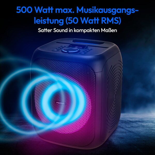 MEDION® LIFE® S61991 Partylautsprecher, tragbares Bluetooth®-Soundsystem. Bluetooth® 5.3 für kabellose Musikübertragung, verschiedene Lichteffekte, integrierter Akku, TWS-Funktion, 50 W RMS