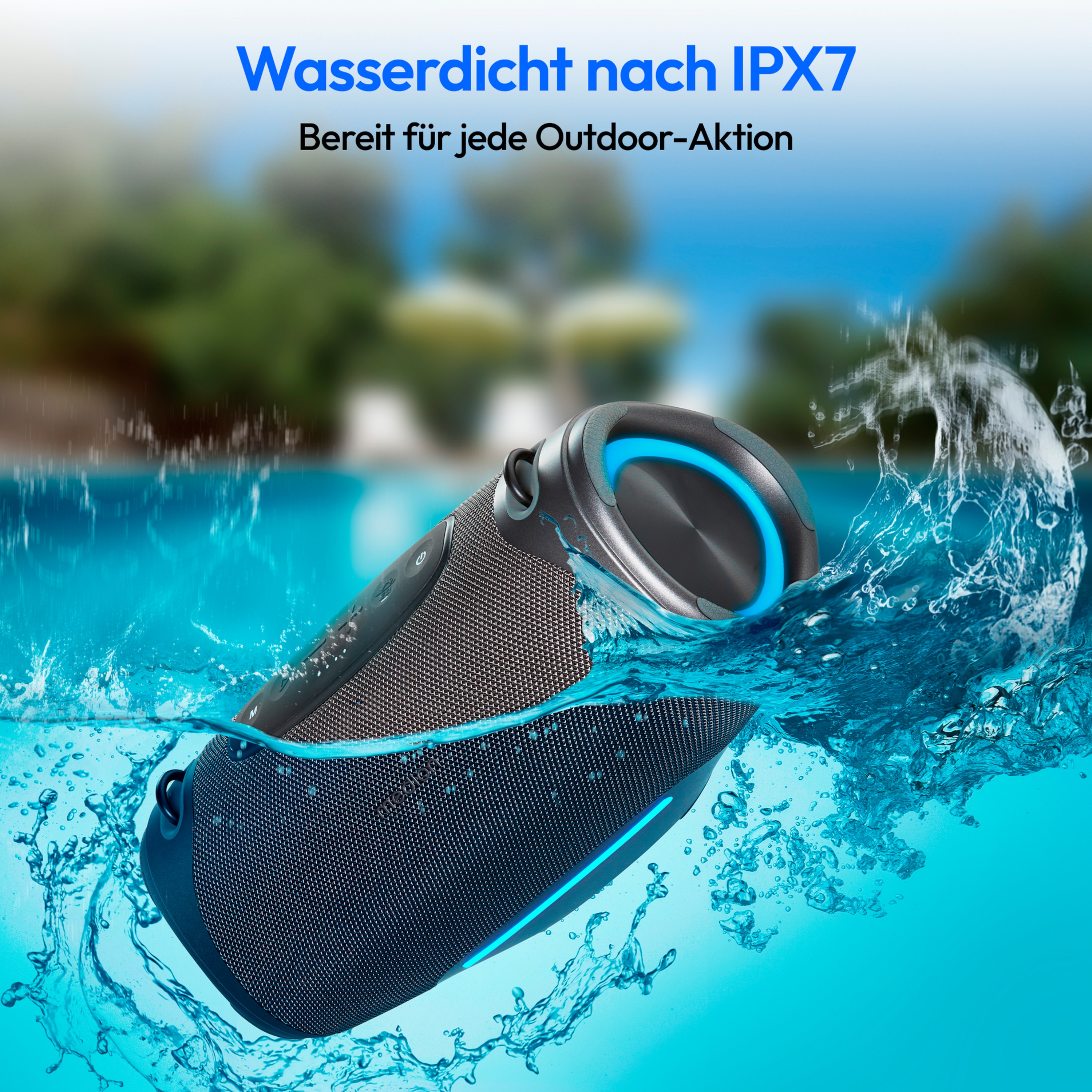MEDION® LIFE® P61762 Tragbarer Bluetooth® Lautsprecher L, Dual Illuminated & Lightstrip (RGB-Lichteffekte), Bluetooth® 5.3, integrierter Akku mit bis zu 47 Stunden Laufzeit, robustes & mobiles Design, 2 x 25 W RMS