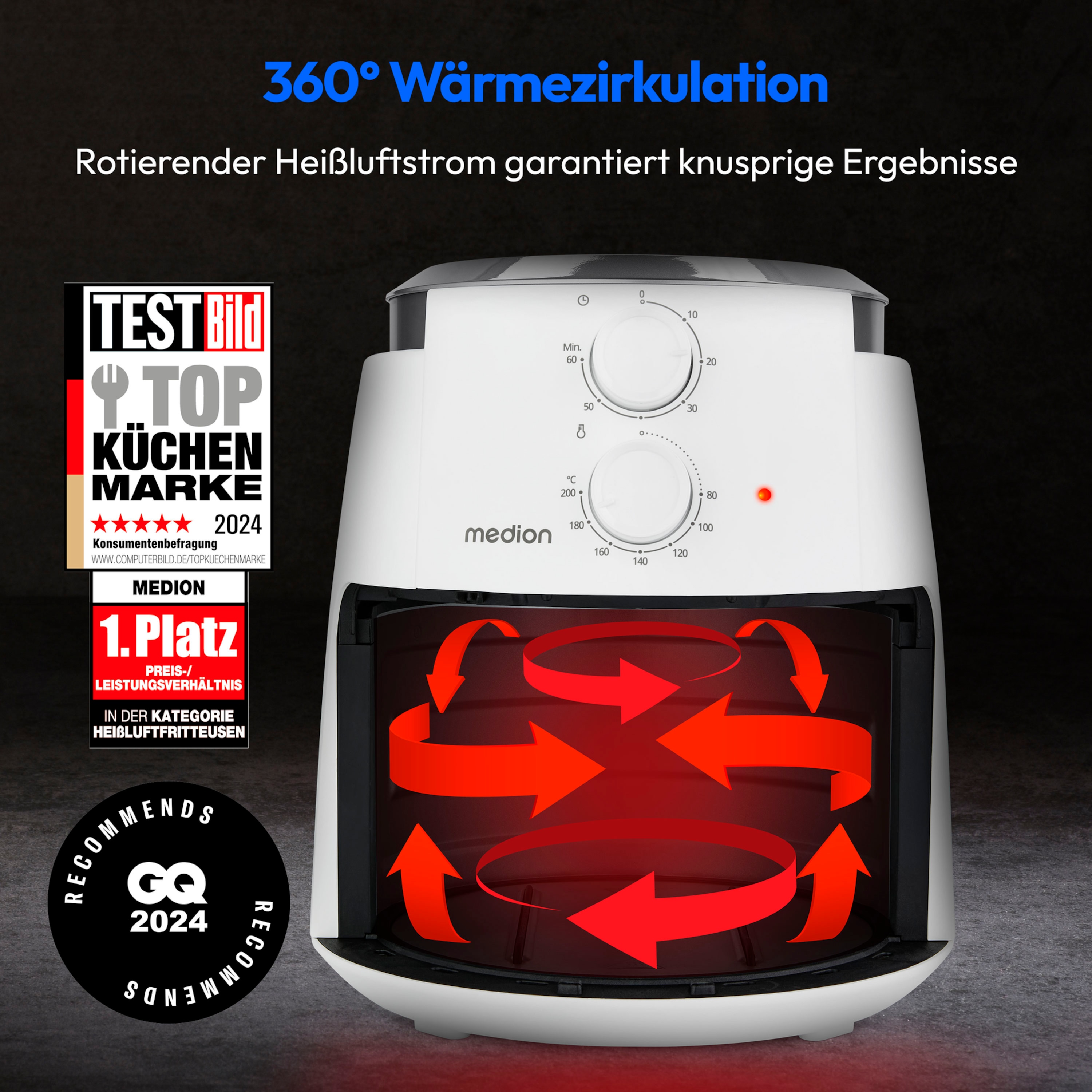 MEDION® LIFE Heißluftfritteuse P30 L (MD13020), 100 Rezepte in der Life+ App¹, 4,7 Liter Fassungsvermögen, 1.500 Watt, 60 min. Timer