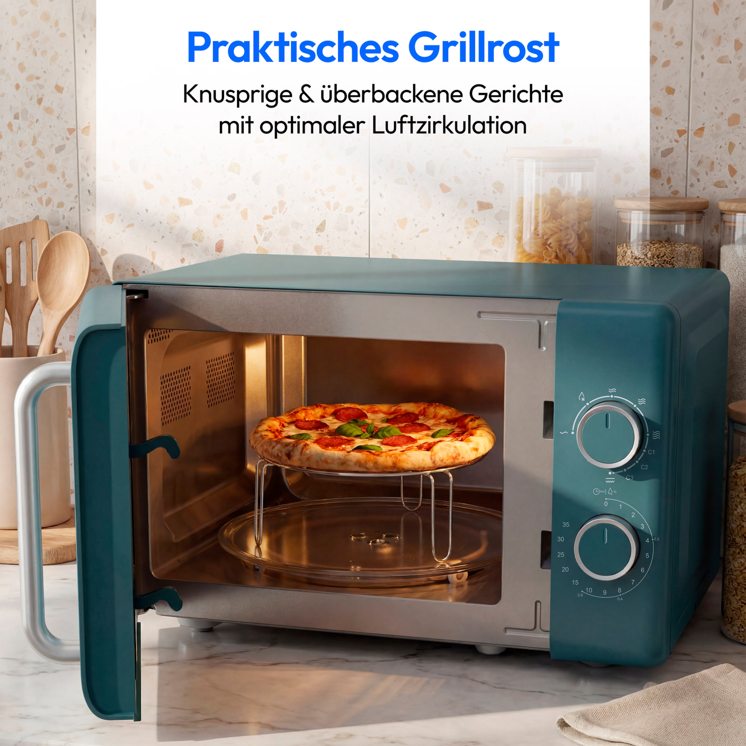 MEDION® LIFE® Retro-Mikrowelle MD 100119, 800 W Leistung, Grillfunktion, 20 L kompakt, 5 Mikrowellenstufen, Auftaufunktion, Timerfunktion, stilvolles Retro-Design