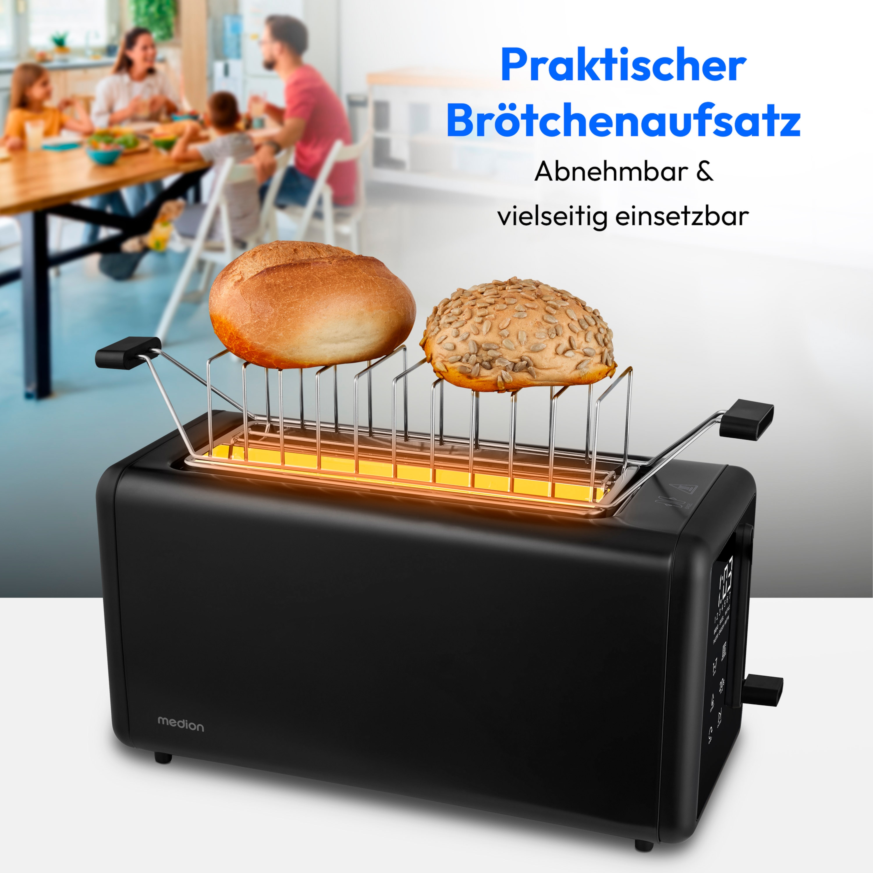 MEDION® MEDION LIFE Toaster MD12103, 2 lange Toastschlitze für bis zu 4 Toasts, LED Sensor-Touch-Display, 7 Bräunungsstufen und 5 Automatikprogramme