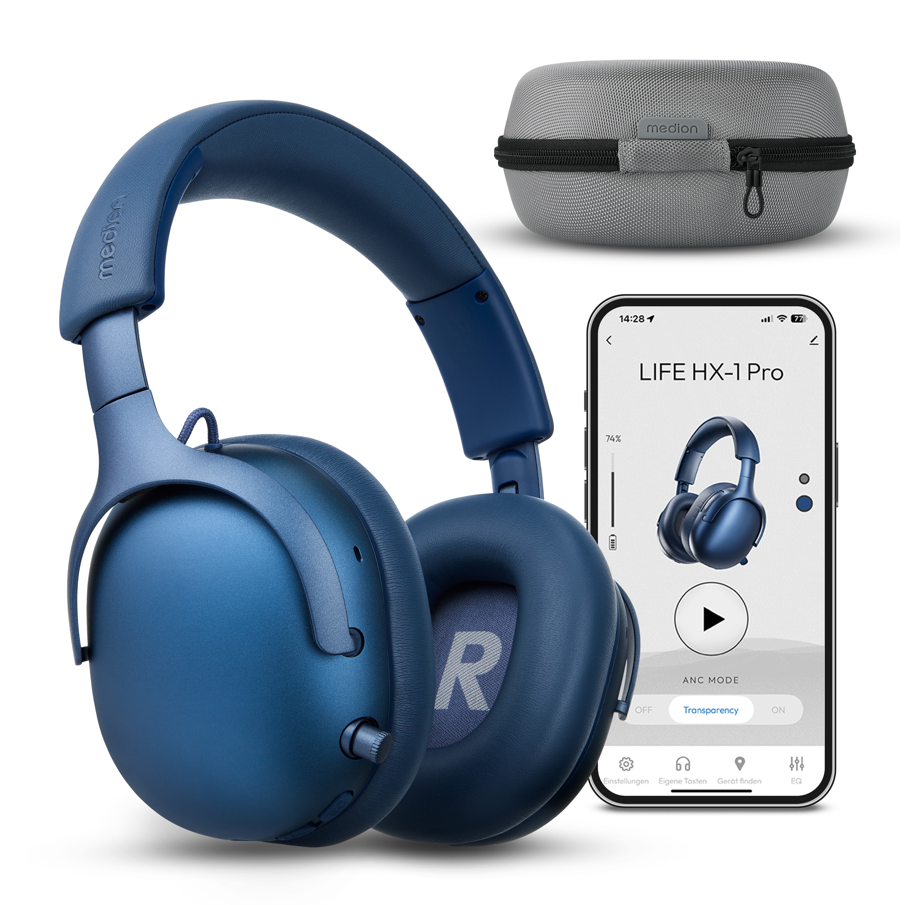 MEDION® Over Ear-Kopfhörer LIFE HX-1 Pro blau, bis zu 190 Stunden Akkulaufzeit, Hybrid Active Noise Cancelling, 7 EQ-Presets + 1 App-Preset, Bluetooth® 6.0 wireless technology, IPX4 Spritzwasserschutz
