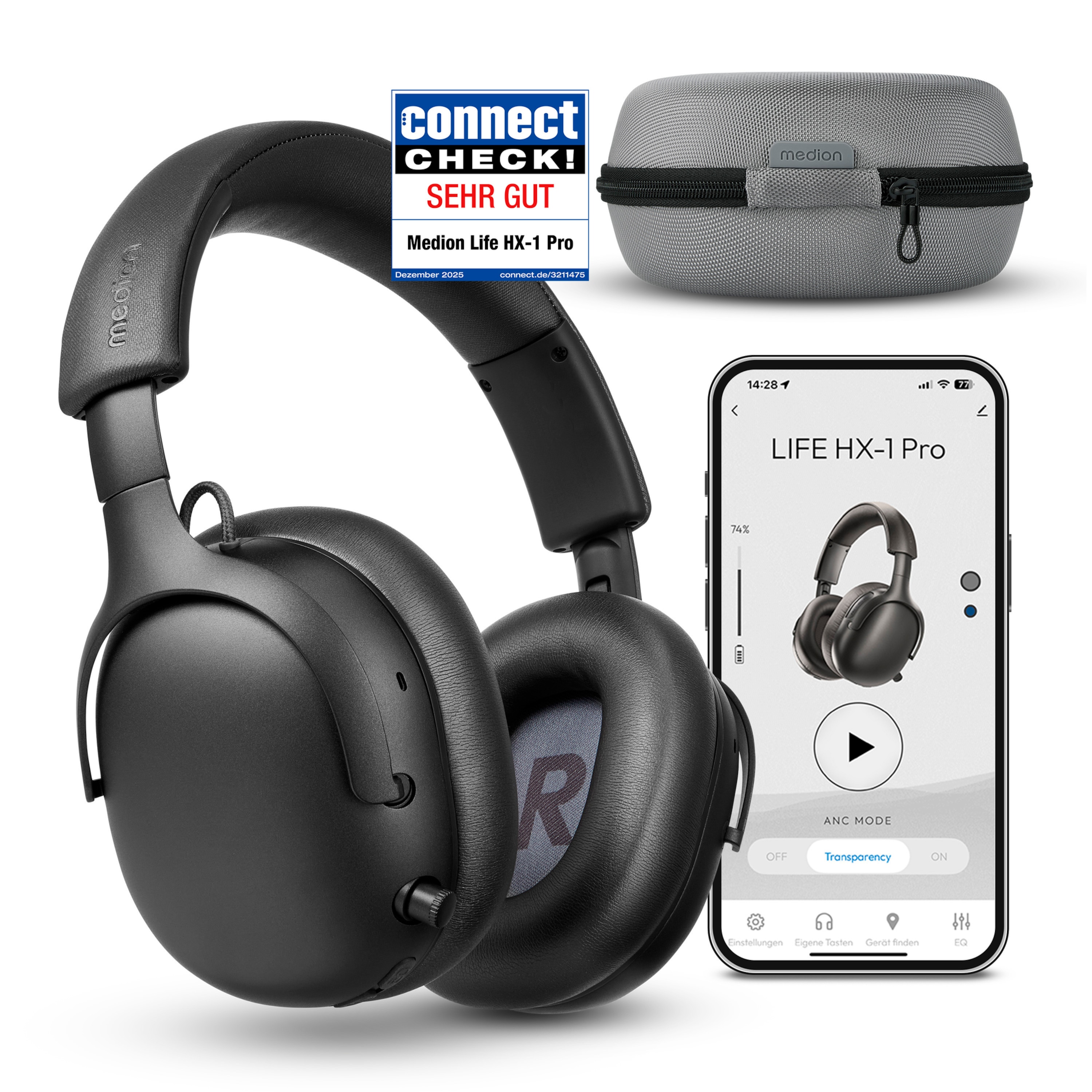 MEDION® Over Ear-Kopfhörer LIFE HX-1 Pro anthrazit, bis zu 190 Stunden Akkulaufzeit, Hybrid Active Noise Cancelling, 7 EQ-Presets + 1 App-Preset, Bluetooth® 6.0 wireless technology, IPX4 Spritzwasserschutz