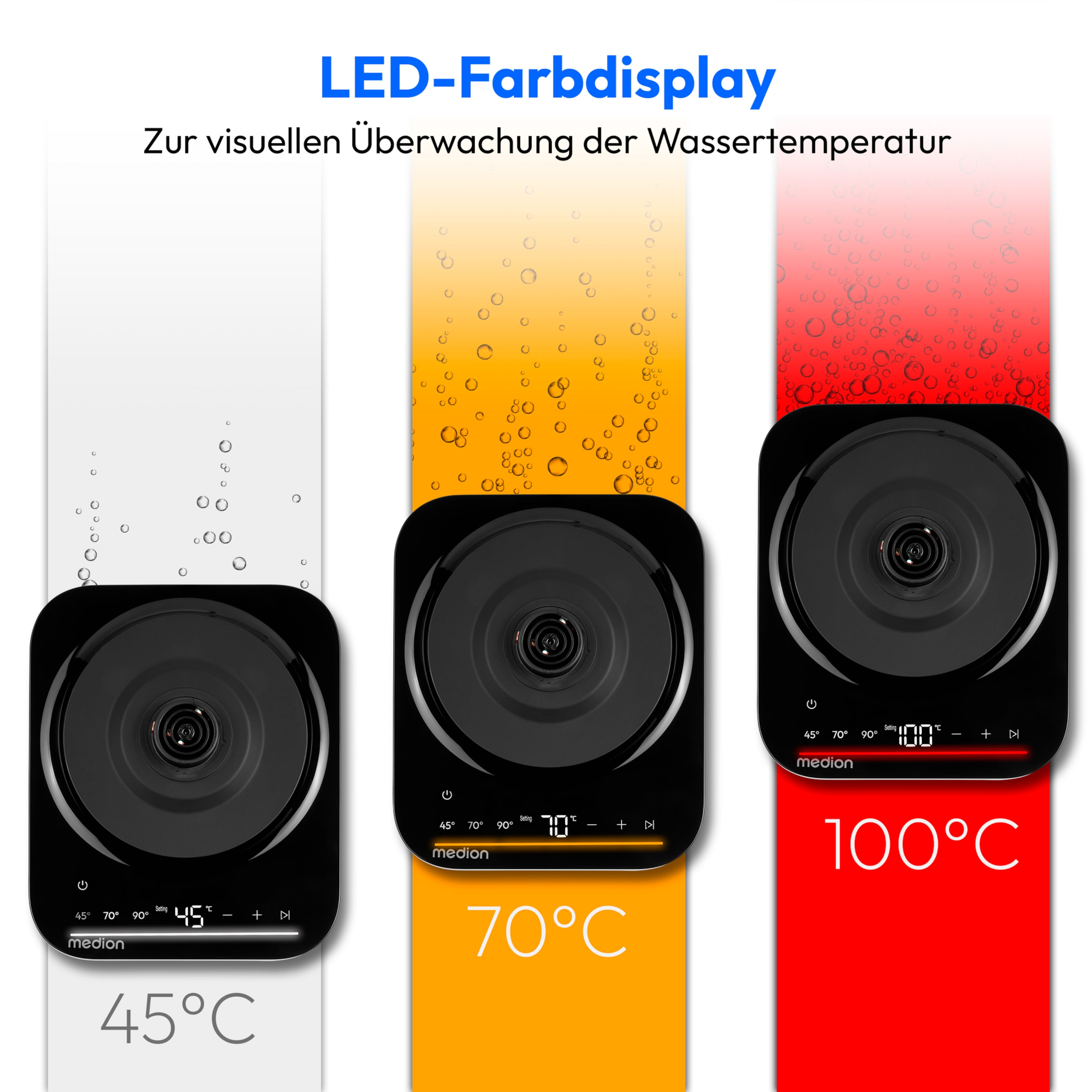 MEDION® LIFE Digitaler Wasserkocher MD12106, 2.200 Watt Leistung, 1,5 Liter Kapazität, LED-Display, LED-leuchtbalken, automatische Programme, Kindersicherung