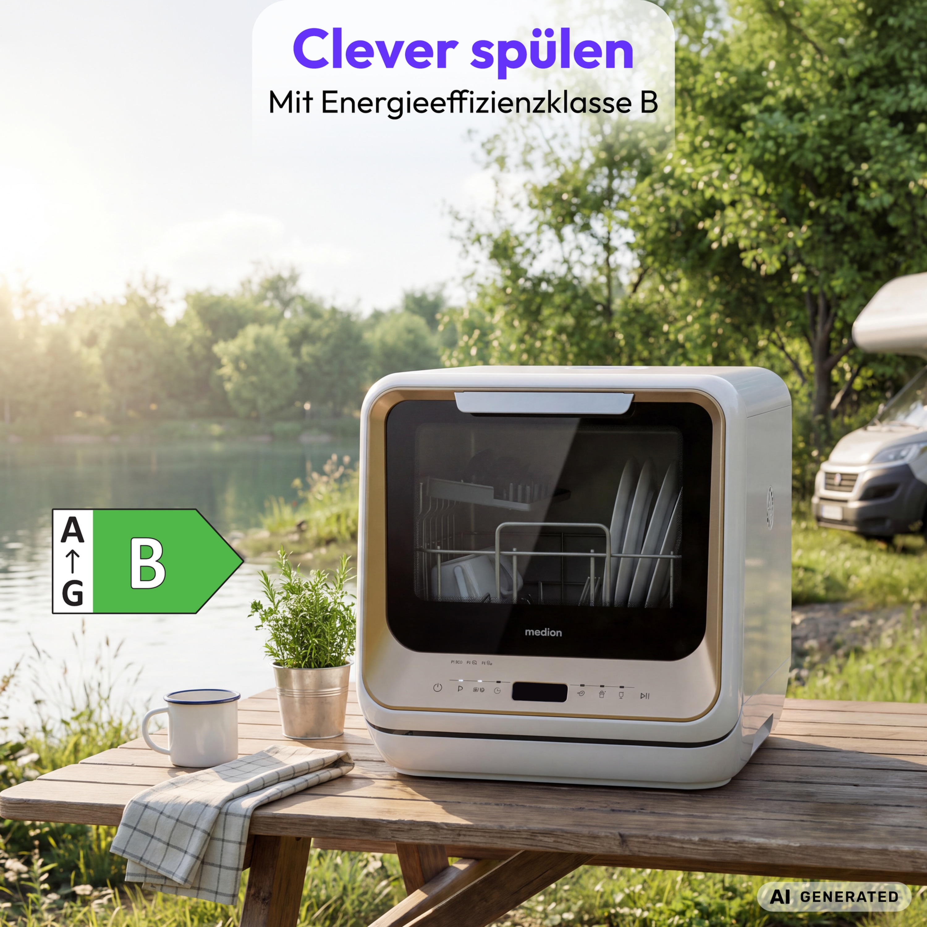 MEDION® LIFE Mini Geschirrspüler DWT20 (MD370764), gold, für 2 Maßgedecke, 6 Reinigungsprogramme, mit und ohne Wasseranschluss, Startzeitvorwahl