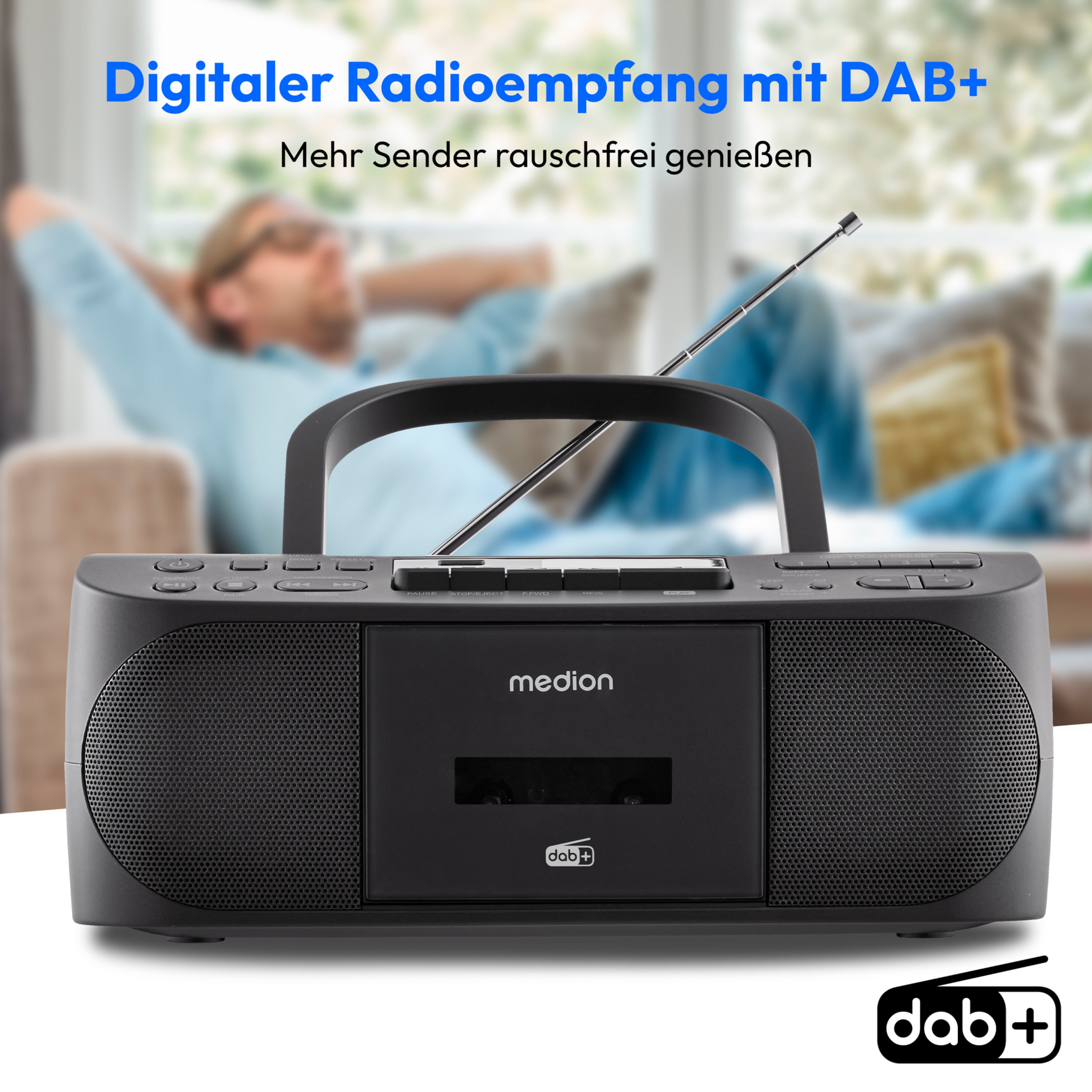 MEDION® LIFE® DRX-1 Plus Boombox, DAB+/PLL-UKW-Stereo Radio, Bluetooth® 5.4, CD-Kassetten-Radio mit MP3-Wiedergabe, USB Anschluss, CD-R/RW kompatibel, AUX-In, 2 x 3 W RMS