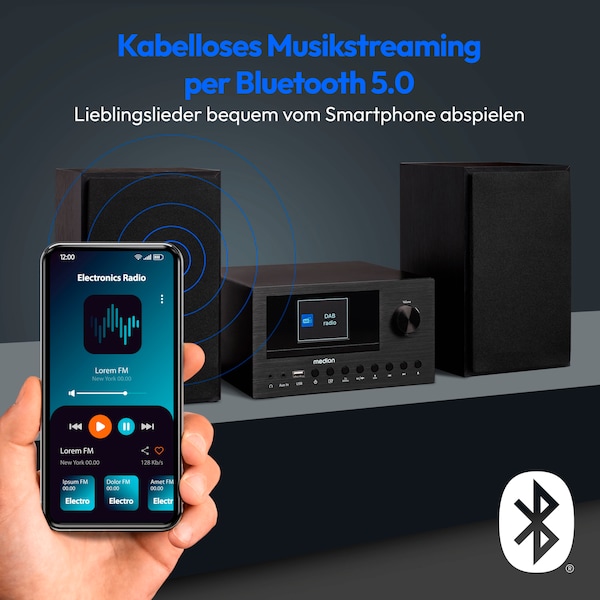 MEDION® LIFE P85003 Micro-Audio-System schwarz, Internet/DAB+/PLL-UKW Stereo-Radio mit je 40 Senderspeichern, 2,8'' TFT-Farbdisplay, Bluetooth® 5.0, CD-Player, WLAN, USB, 2 x 15 RMS
