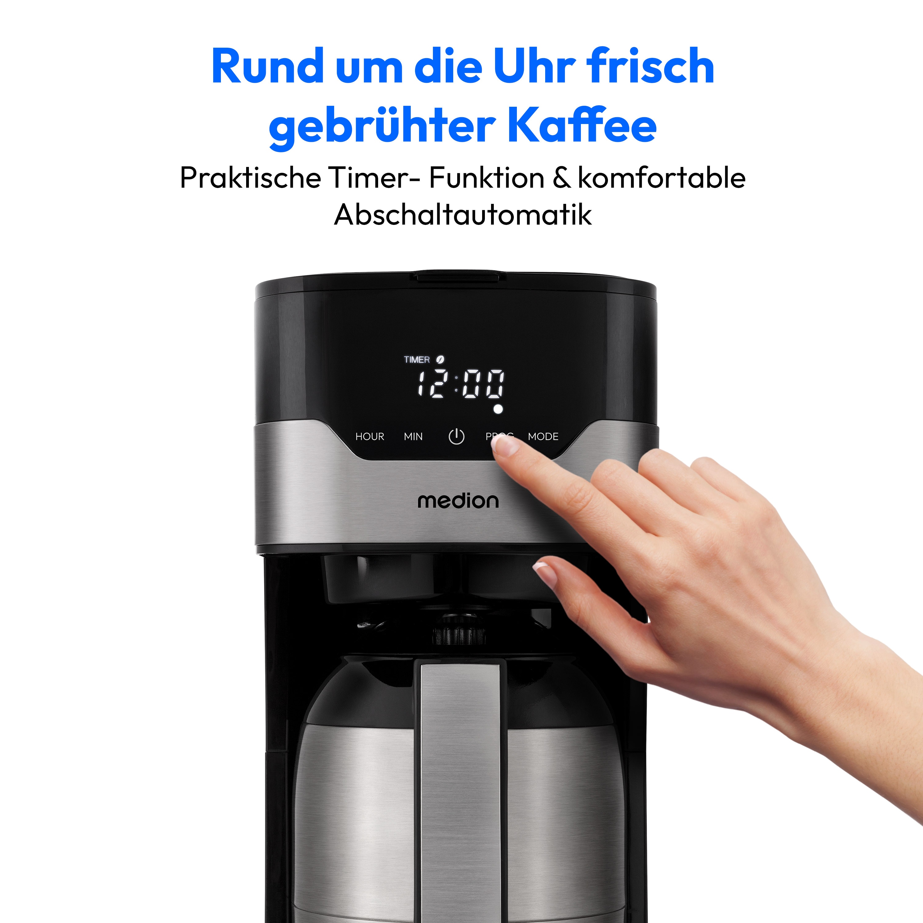 MEDION® LIFE Kaffeemaschine mit Thermoskanne MD 18458, Timer-Funktion, Tropf-Stopp, 900 Watt, 1,1 Liter Fassungsvermögen, Aromawahlschalter