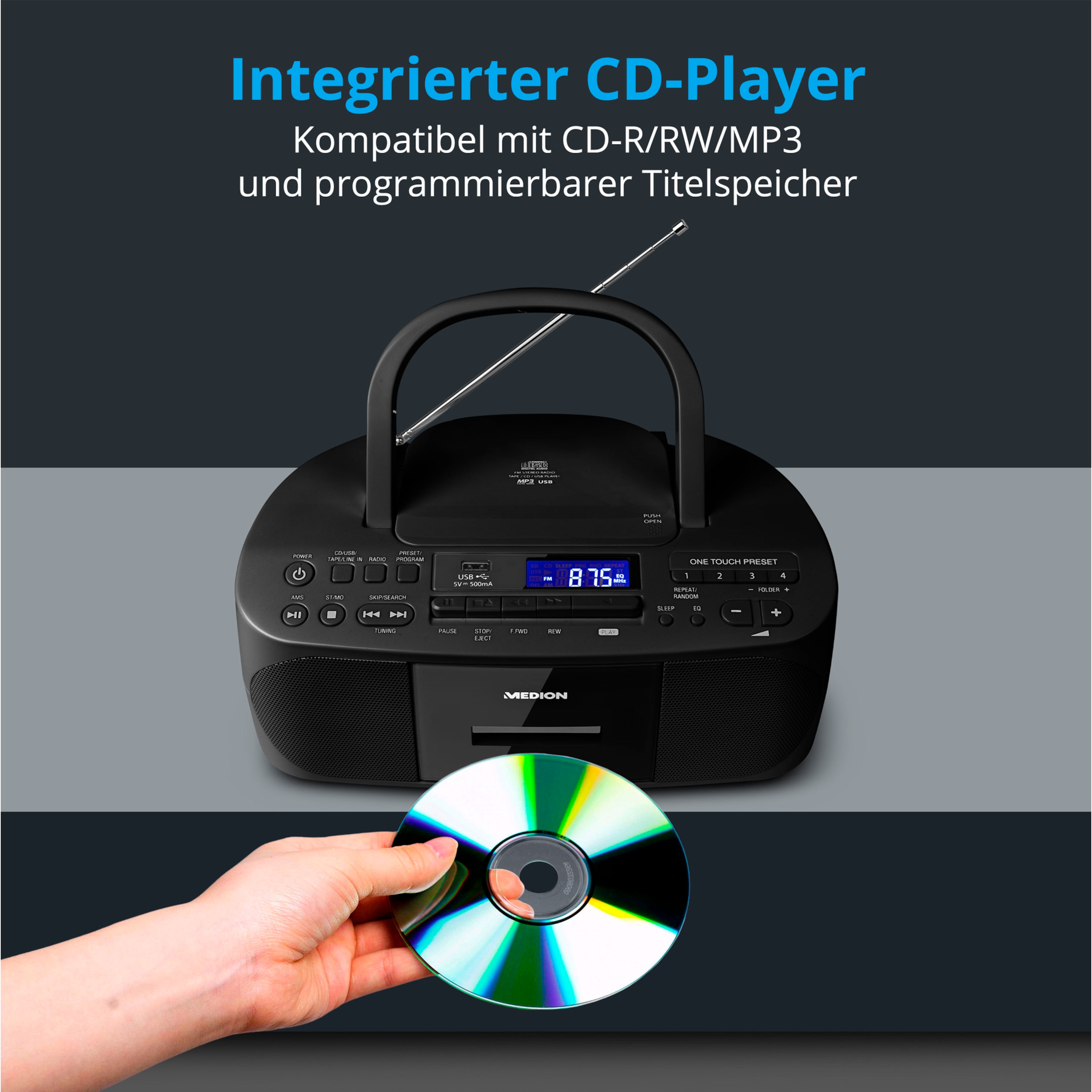 MEDION® LIFE® E65010 Boombox, CD-Kassetten-Radio mit MP3-Wiedergabe, PLL-UKW Radio, USB Anschluss, CD-R/RW kompatibel, AUX-In, 2 x 3 W RMS