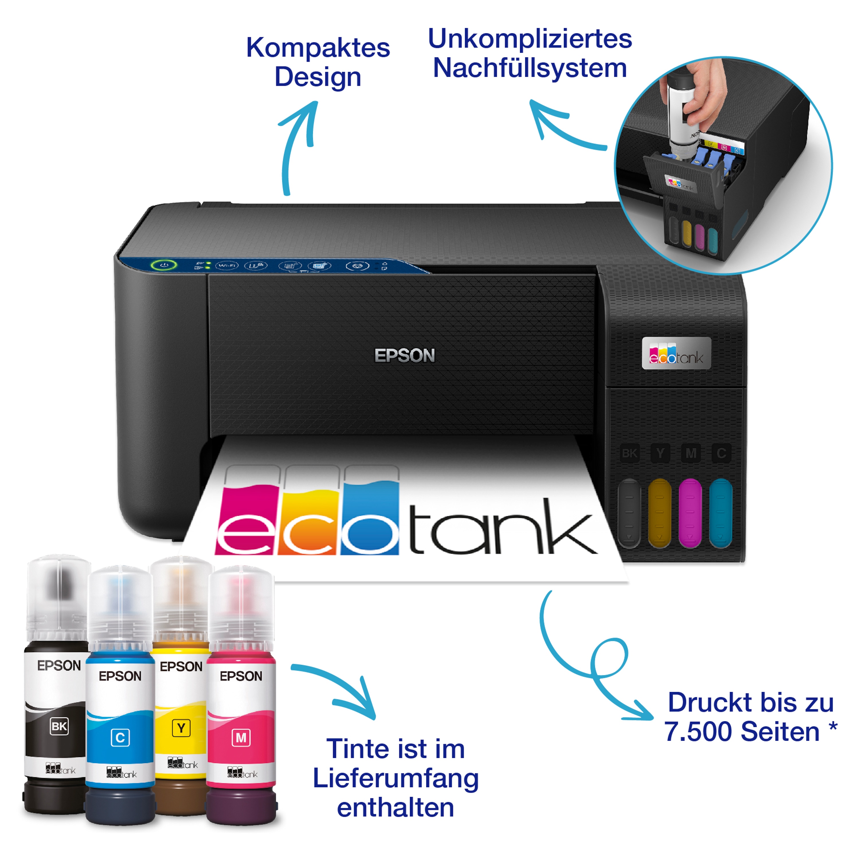 EPSON EcoTank ET-2861, Drucken, Kopieren, Scannen, Smart-Panel-App, maximale Druckgeschwindigkeit 33 Seiten/Min Schwarzweiß (Normalpapier), 15 Seiten/Min Farbe (Normalpapier)