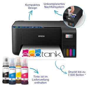 EPSON Drucker EcoTank ET-2861, Drucken, Kopieren, Scannen, Smart-Panel-App, maximale Druckgeschwindigkeit 33 Seiten/Min Schwarzweiß (Normalpapier), 15 Seiten/Min Farbe (Normalpapier)