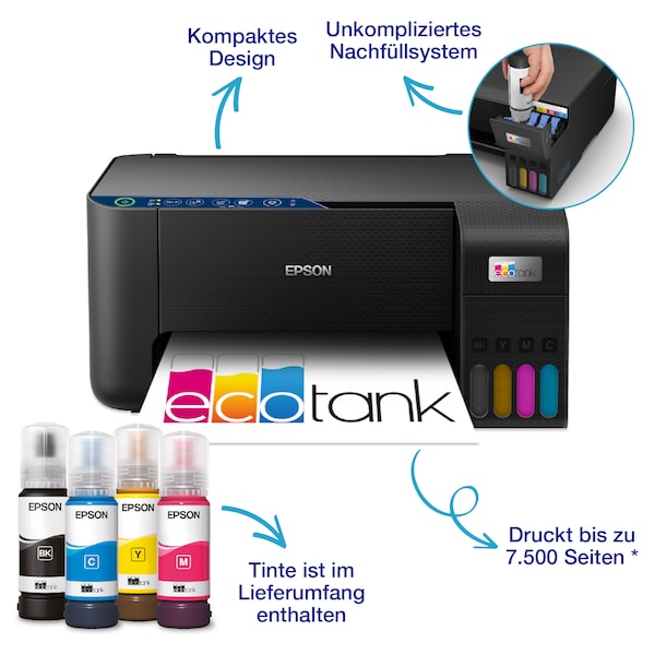 EPSON Drucker EcoTank ET-2861, Drucken, Kopieren, Scannen, Smart-Panel-App, maximale Druckgeschwindigkeit 33 Seiten/Min Schwarzweiß (Normalpapier), 15 Seiten/Min Farbe (Normalpapier)
