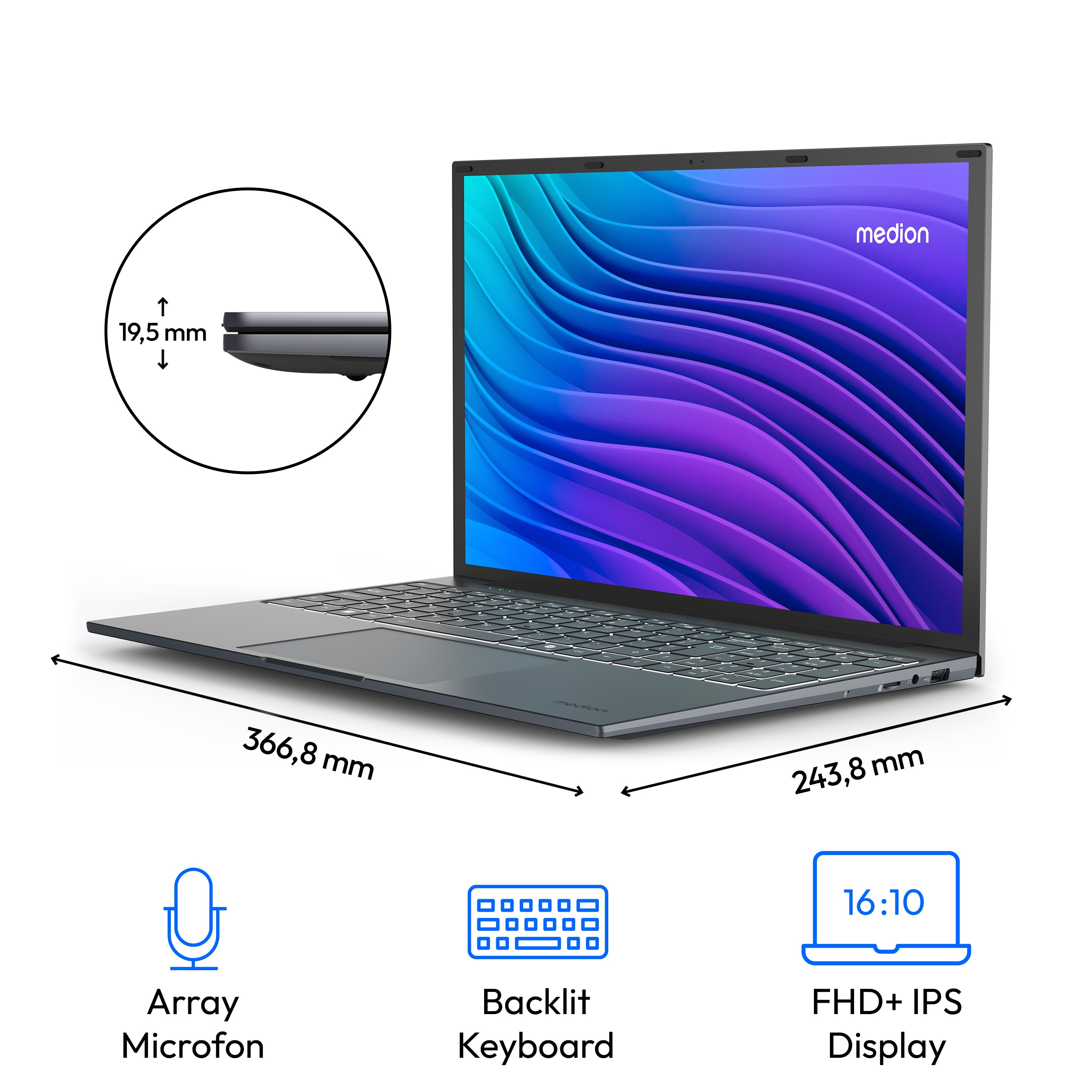 MEDION E16443 Laptop, Intel® Core™ i5-13420H, Windows&nbsp;11&nbsp;Home, 40,6 cm (16,0'') FHD+ Display, Intel® UHD Grafik, 1 TB SSD, 16 GB RAM