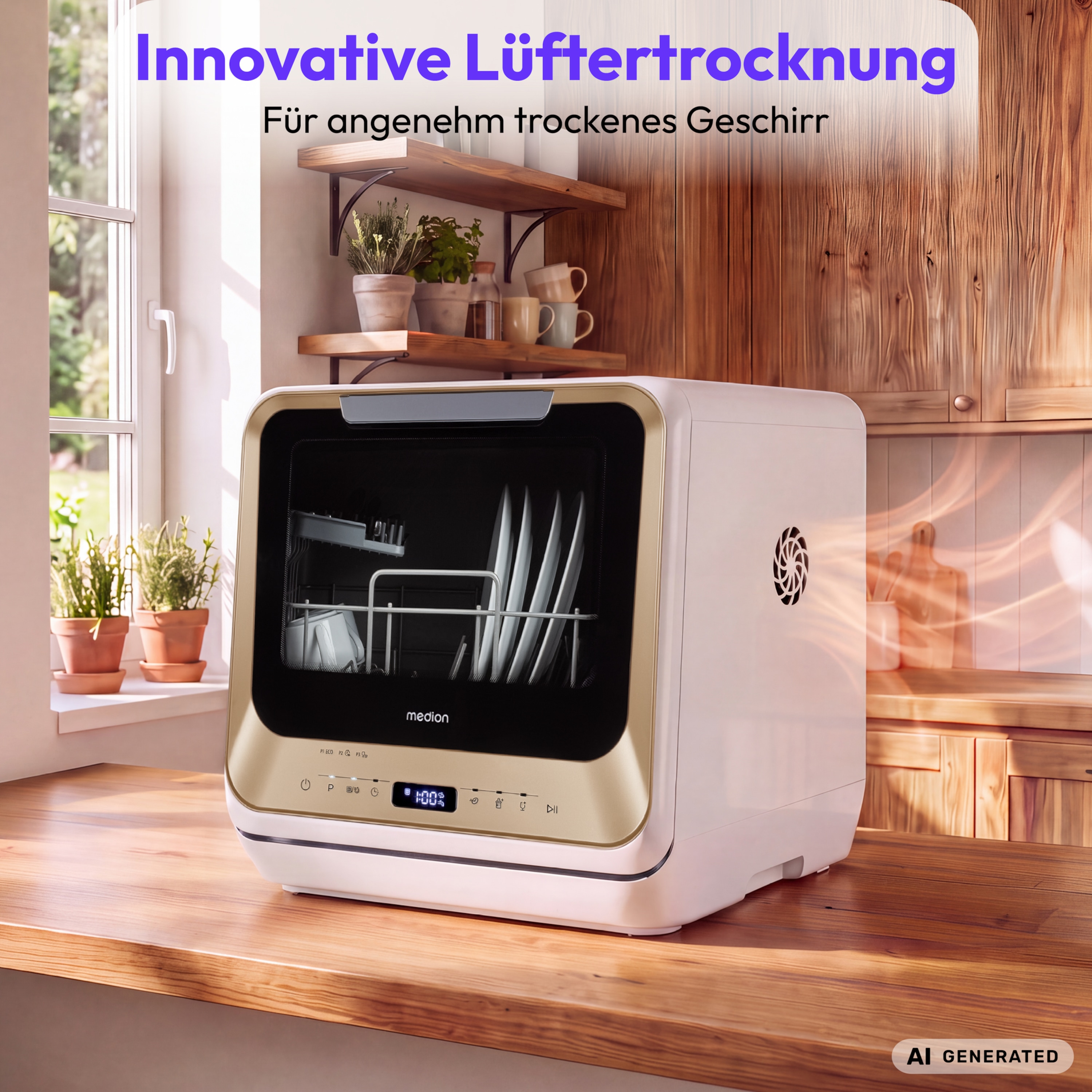 MEDION® LIFE Mini Geschirrspüler DWT20 (MD370764), gold, für 2 Maßgedecke, 6 Reinigungsprogramme, mit und ohne Wasseranschluss, Startzeitvorwahl