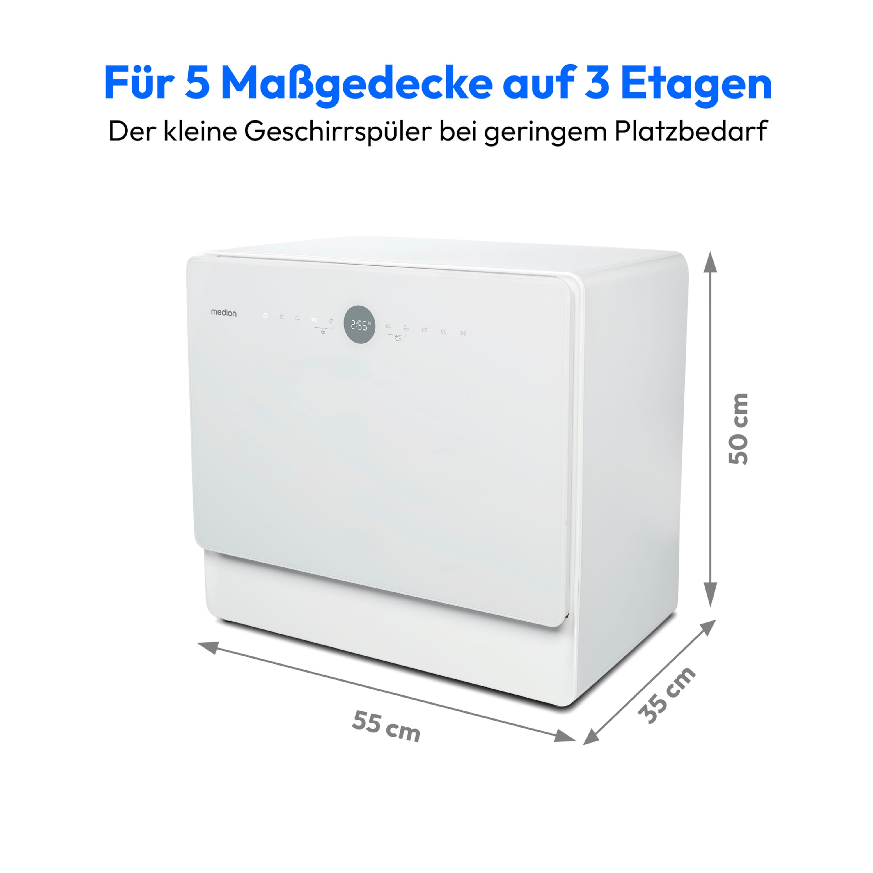 MEDION® LIFE® Tischgeschirrspüler DWT50 (MD 37775), 7 Reinigungsprogramme, Wasseranschluss, für 5 Gedecke, EasyFit Design, Touch-Bedienfeld, LED-Display