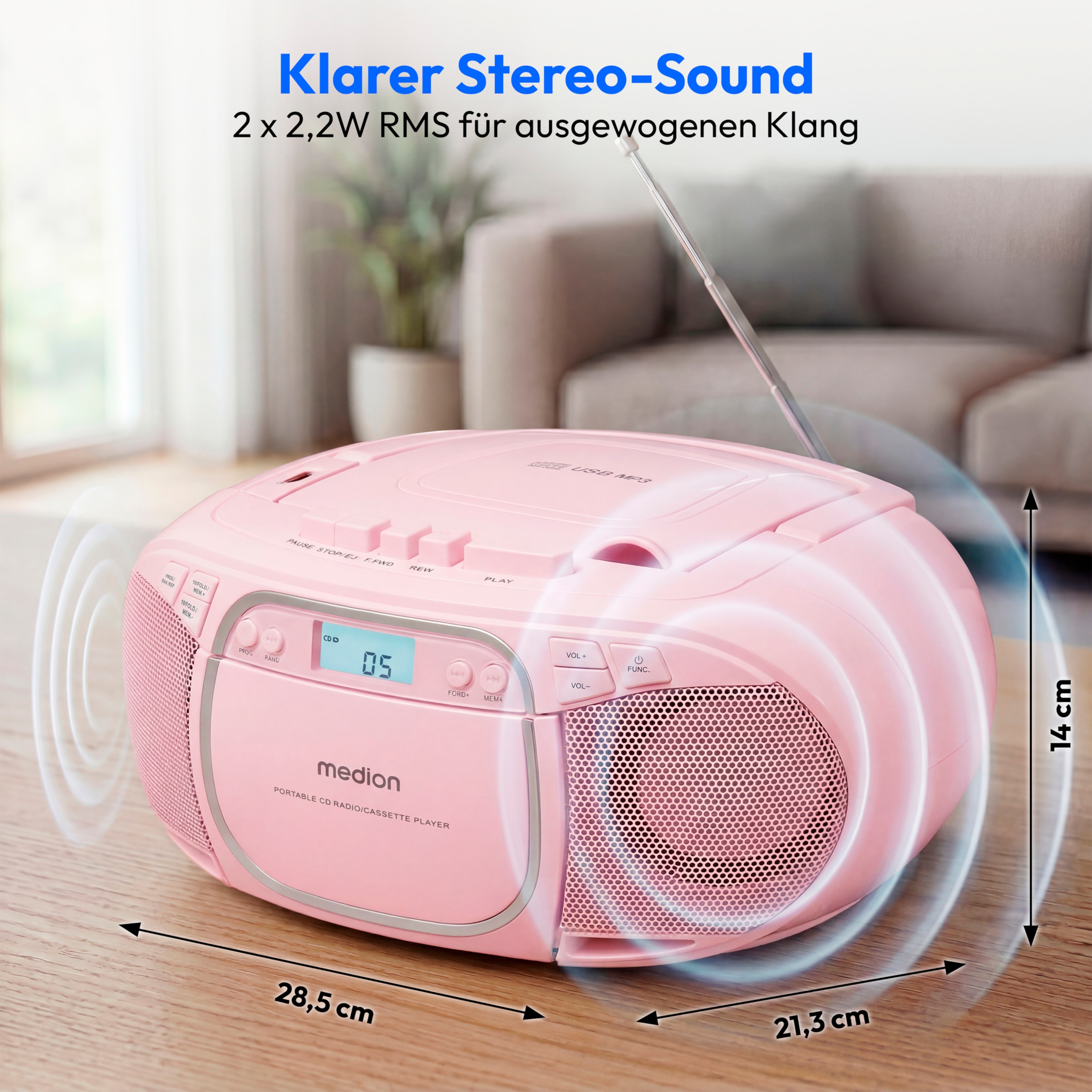 MEDION® LIFE E66476 Tragbare CD-Boombox, CD-Player, Kassettendeck, FM-Radio, USB-MP3-Wiedergabe, 30 Senderspeicher, Batteriebetrieb