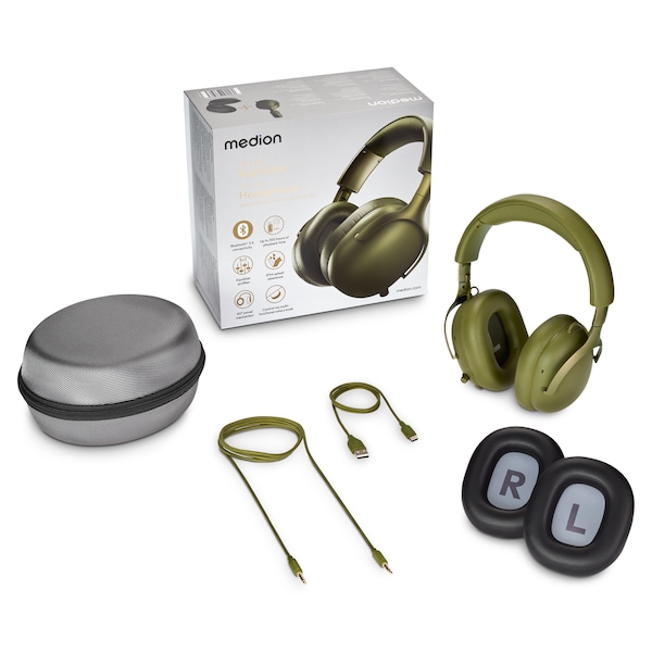 MEDION® Over Ear-Kopfhörer LIFE HX-1 Pure grün, bis zu 100 Stunden Akkulaufzeit, 3 EQ-Presets + 1 App-Preset, Bluetooth® 5.4 wireless technology, IPX4 Spritzwasserschutz