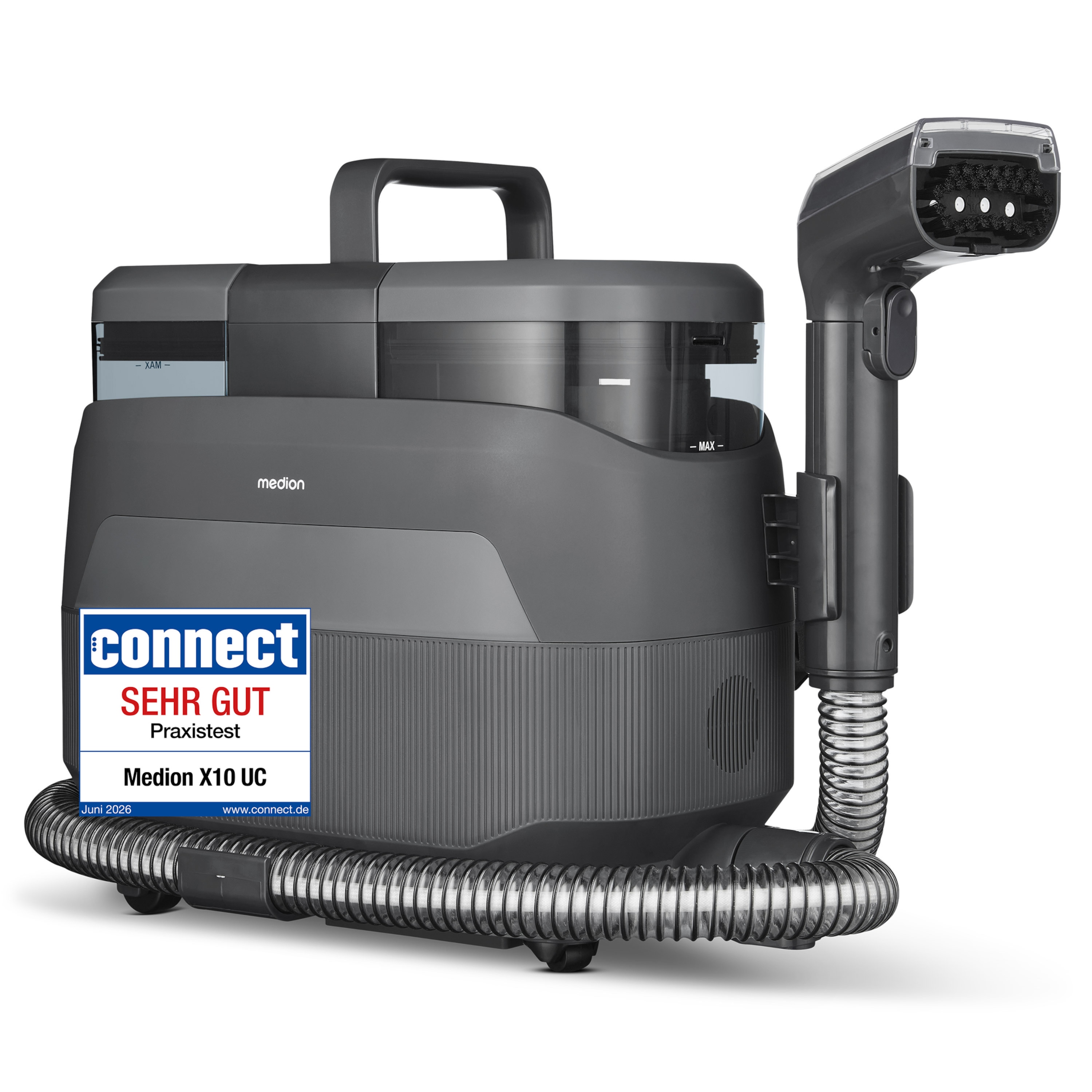 MEDION® X10 UC Polster- und Teppichreiniger (MD100123), 3 Reinigungsmodi, 12 kPa Saugkraft, 1250 ml Frischwassertank, 950 ml Schmutzwassertank, IPX4, mit Tragegriff und Rollen