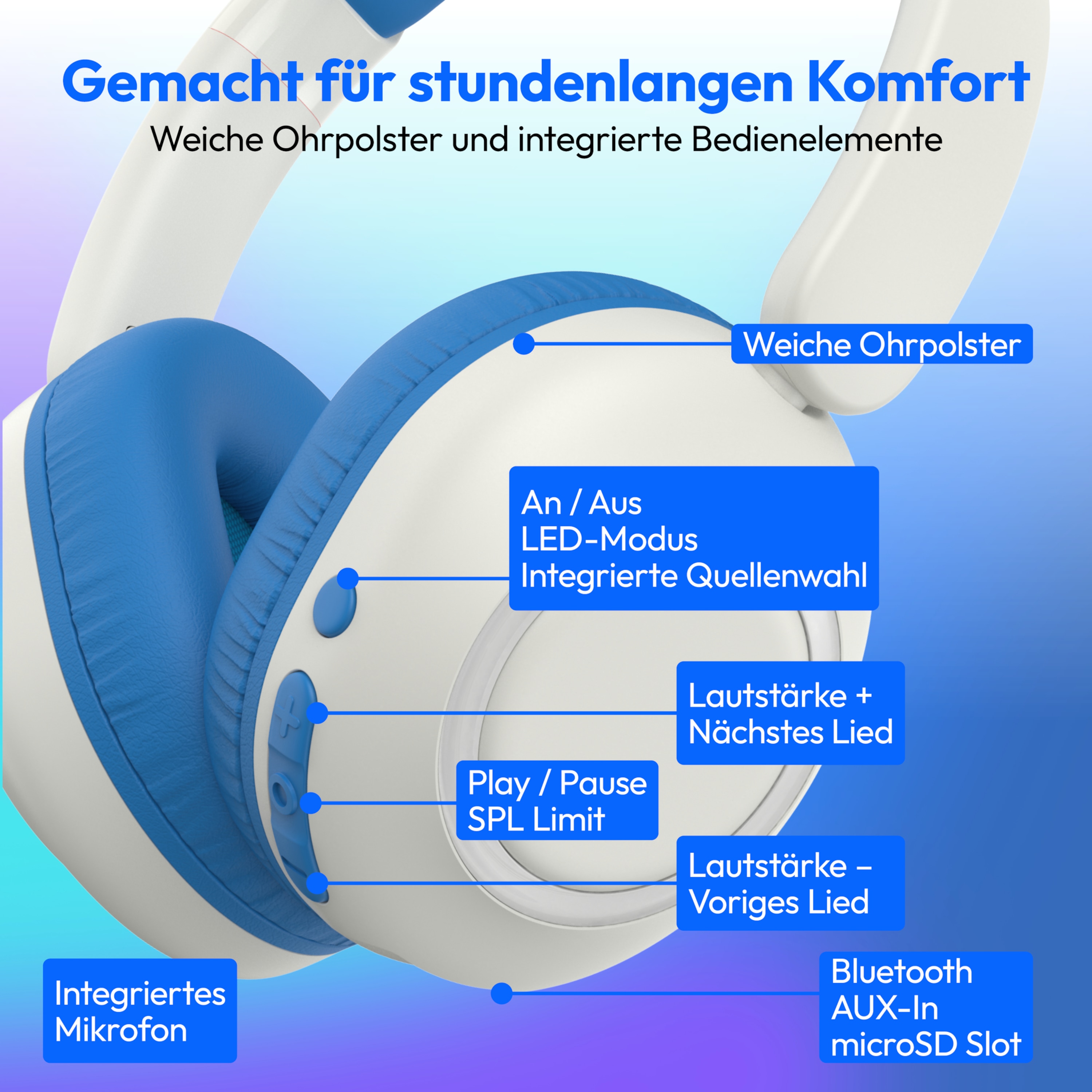 MEDION® LIFE HE-1 Kids Bluetooth Kinderkopfhörer, 3-stufiger Gehörschutz, bis zu 85 Std. Akkulaufzeit, MP3-Player, Bluetooth 5.4, AUX & microSD, LED-Lichtring, austauschbare Designs