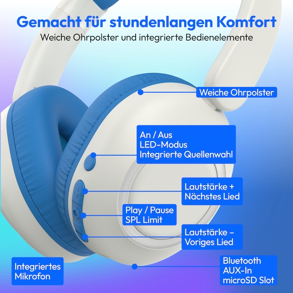 MEDION® LIFE HE-1 Kids Bluetooth Kinderkopfhörer, 3-stufiger Gehörschutz, bis zu 85 Std. Akkulaufzeit, MP3-Player, Bluetooth 5.4, AUX & microSD, LED-Lichtring, austauschbare Designs