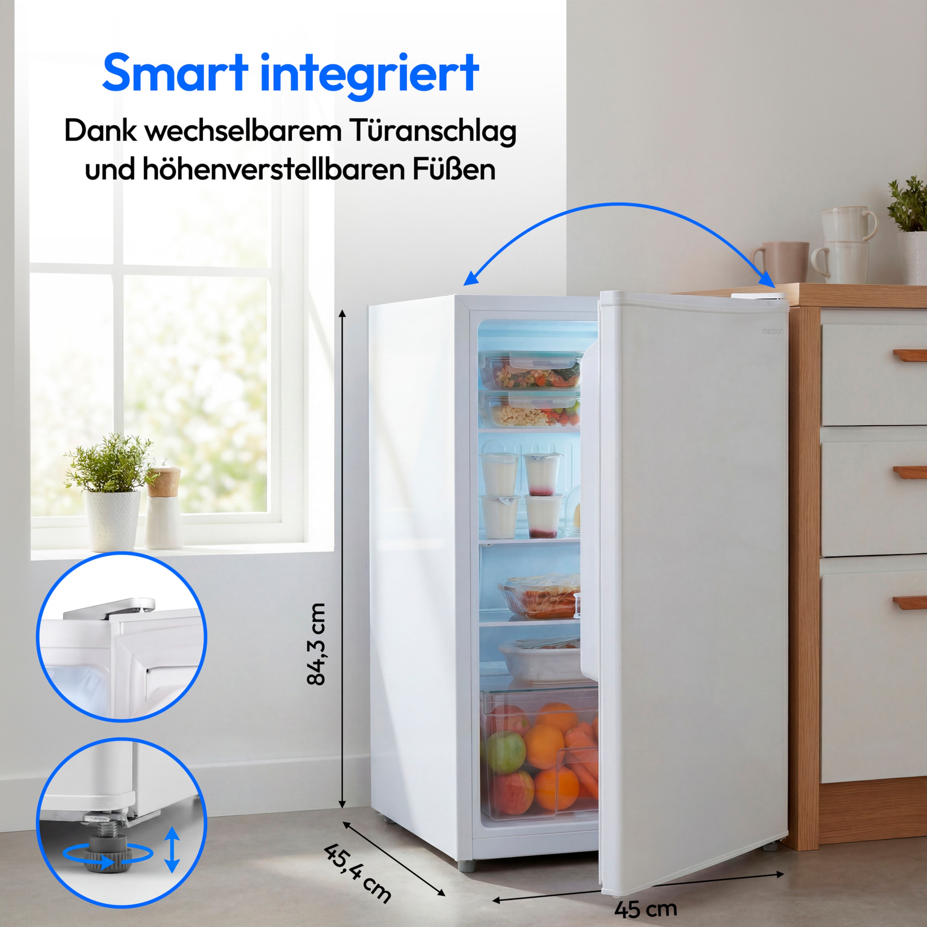 MEDION® LIFE Kühlschrank MD370009, 76 L Nutzinhalt, 3 Ablagen & 2 Türfächer, temperaturregulierbar (0–8 °C), wechselbarer Türanschlag, Energieklasse E