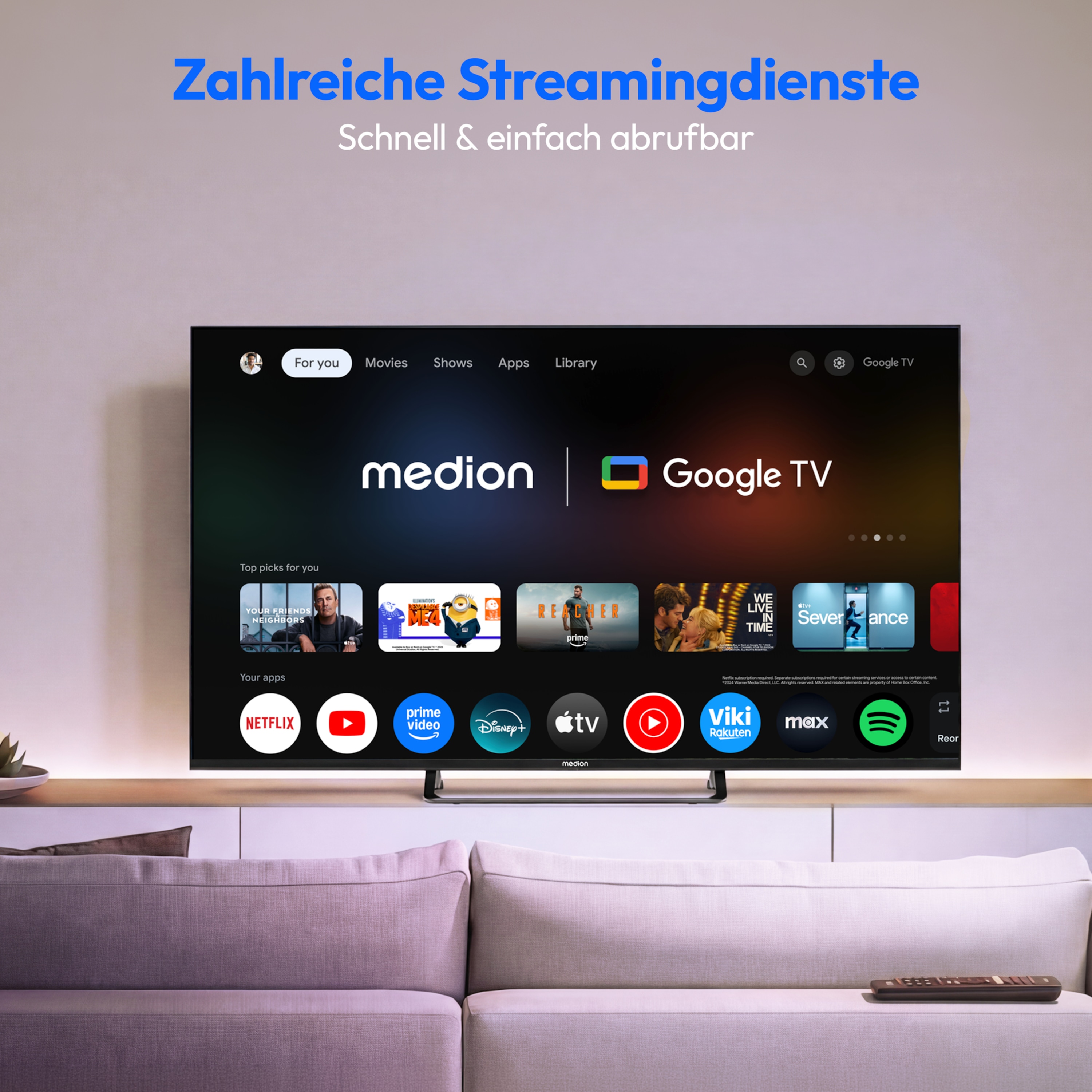 MEDION® LIFE MD 850701 QLED Google TV™, 125,7cm (50'') Ultra HD Display, HDR (High Dynamic Range), Dolby Vision®, MEMC, Bluetooth®, PVR ready, Netflix, Prime Video, Disney+, App Store