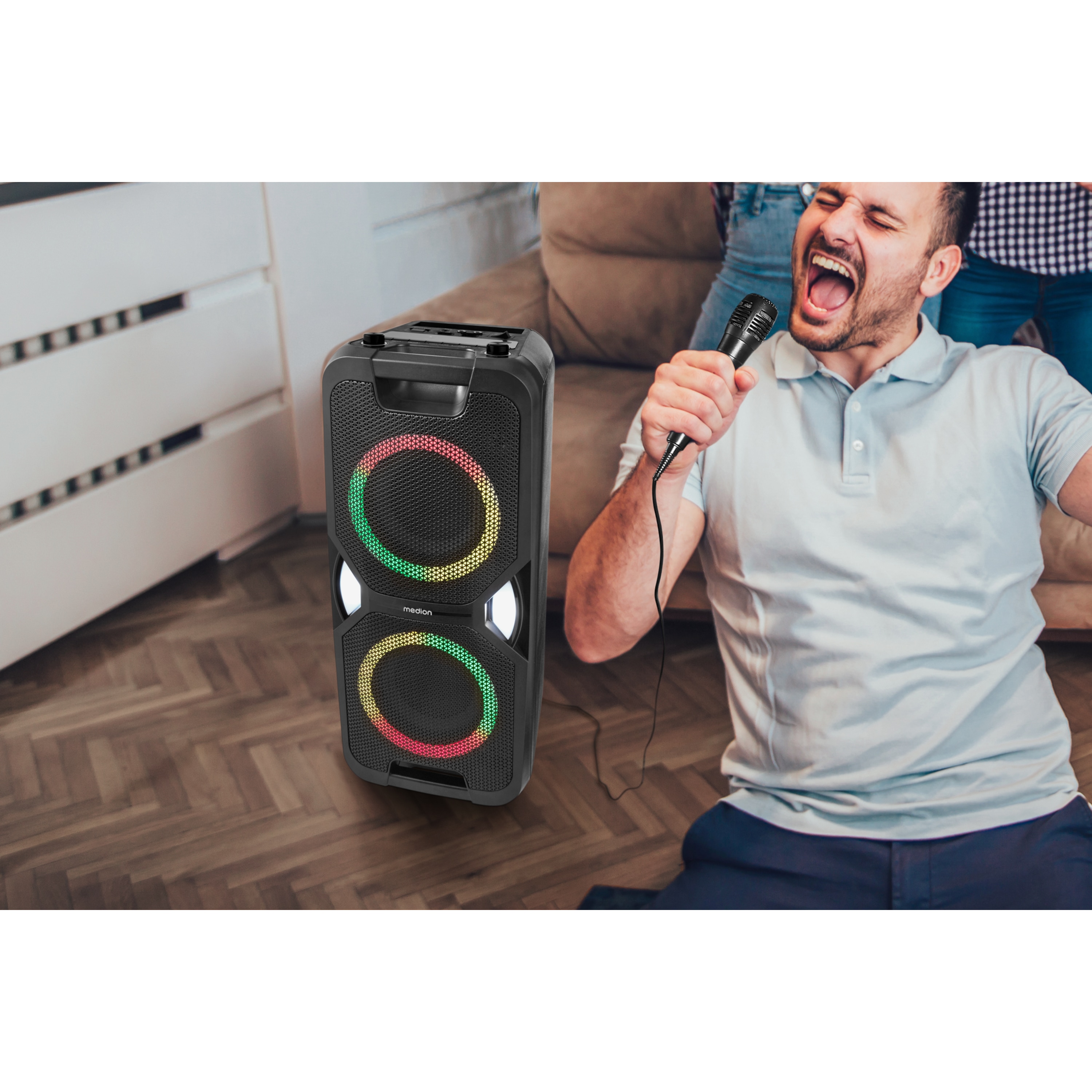 MEDION® LIFE® PE-1 Pure Partylautsprecher, PLL-UKW Radio, Bluetooth® 5.4, satter Sound, verschiedene Lichteffekte, X-Bass Bassanhebung, inkl. Mikrofon, 2 x 25 W RMS Ausgangsleistung