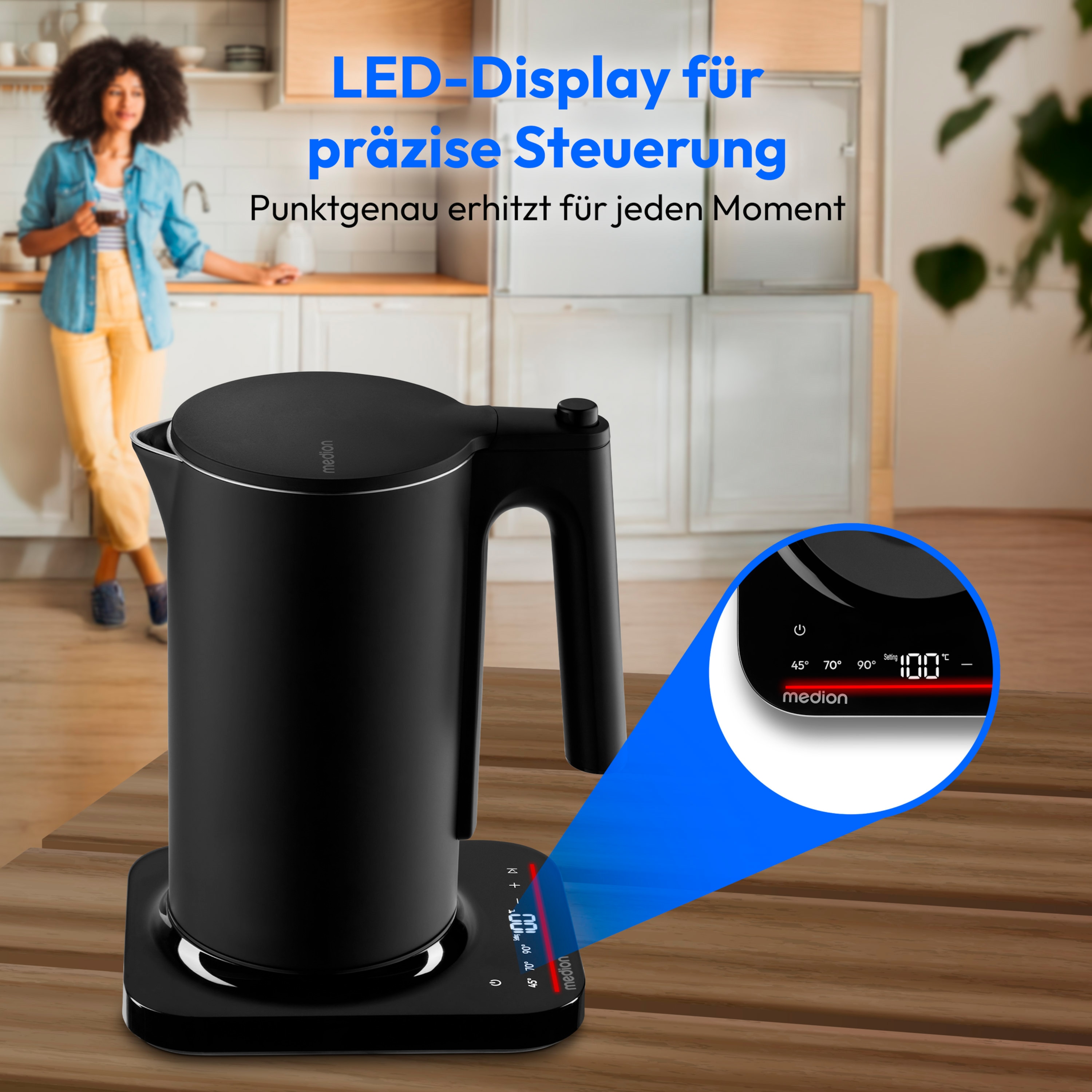 MEDION® LIFE Digitaler Wasserkocher MD12106, 2.200 Watt Leistung, 1,5 Liter Kapazität, LED-Display, LED-leuchtbalken, automatische Programme, Kindersicherung