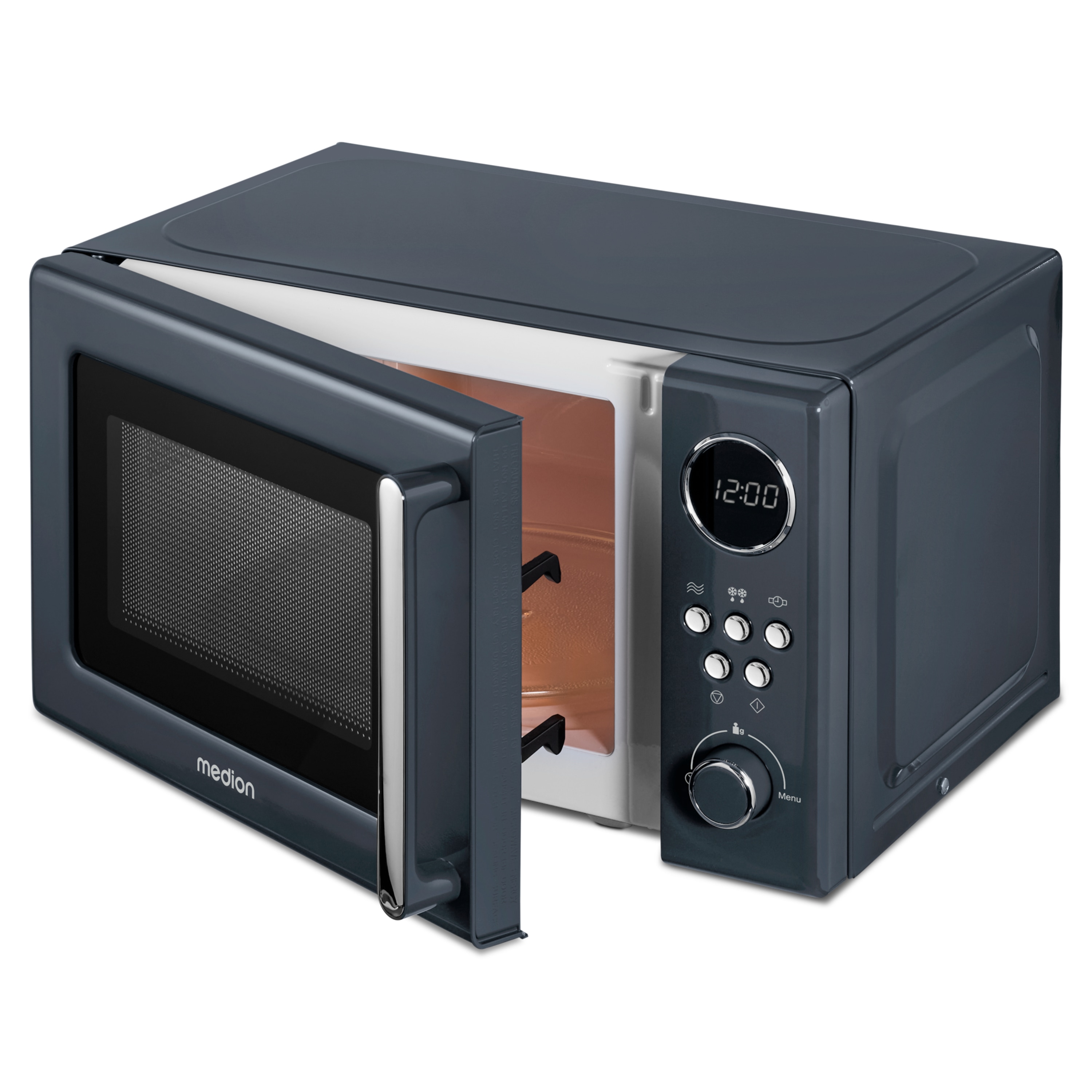 MEDION® Retro-Mikrowelle MD 15000, grau, 800 W Leistung, 20 L kompakt, 5 Mikrowellenstufen, Auftaufunktion, Timerfunktion, stilvolles Retro-Design