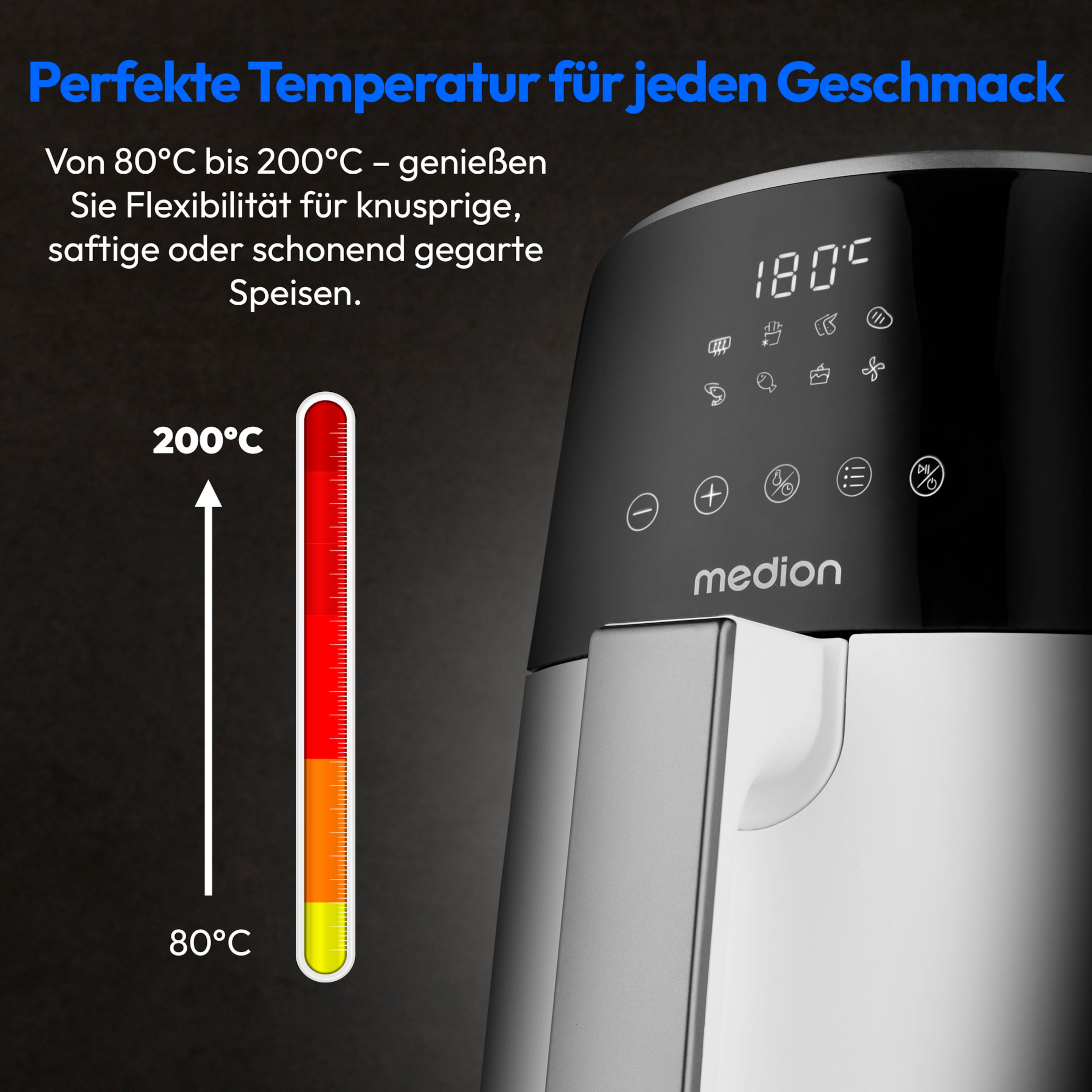 MEDION® LIFE HeißluftFritteuse P40 L (MD13030), 100 Rezepte in der Life+ App¹, Touch-Sensor- Bedienfeld, 4,7 Liter Fassungsvermögen, 8 Automatikprogramme,1.500 Watt, 60 min. Timer, 100