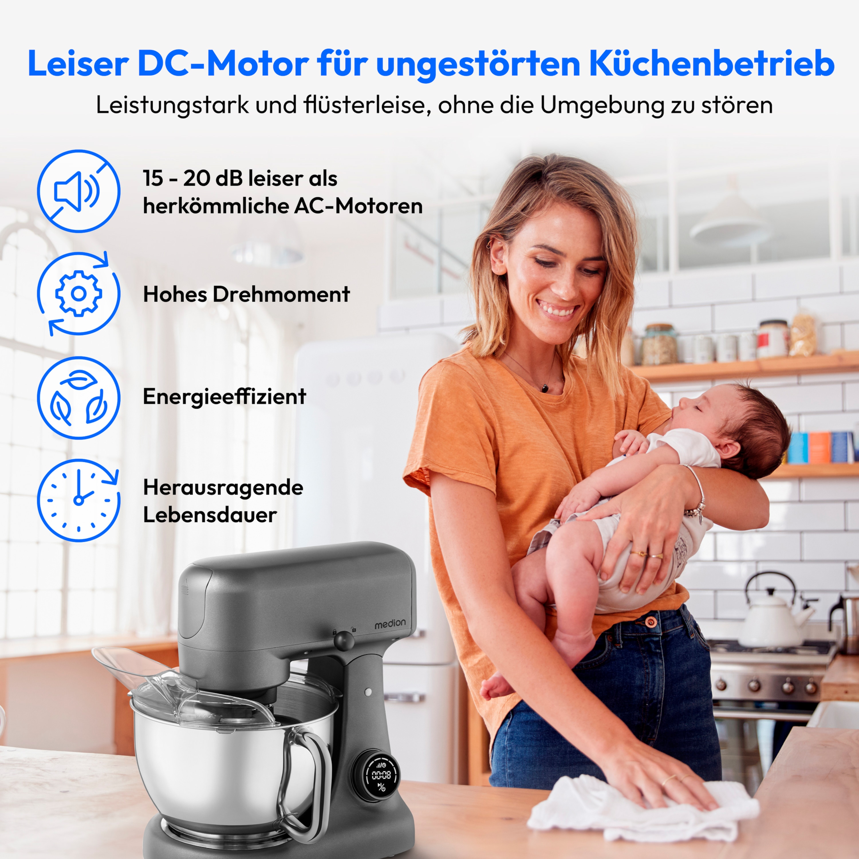 MEDION® LIFE Digitale Küchenmaschine MD12600, 800 W Gleichstrommotor, Energiesparend, Ultraleise, Digitales Sensor-Touch-Display, 4,6 L Edelstahlschüssel, Inkl. Fleischwolf